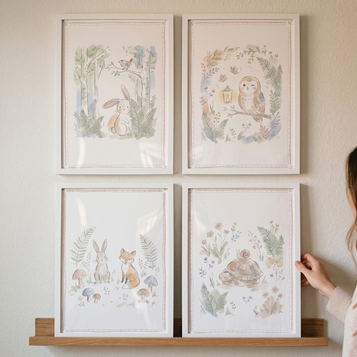 Whimsical sketch woodland animals wall art set of 4 featuring a rabbit, owl, fox, and turtle in a watercolor style.