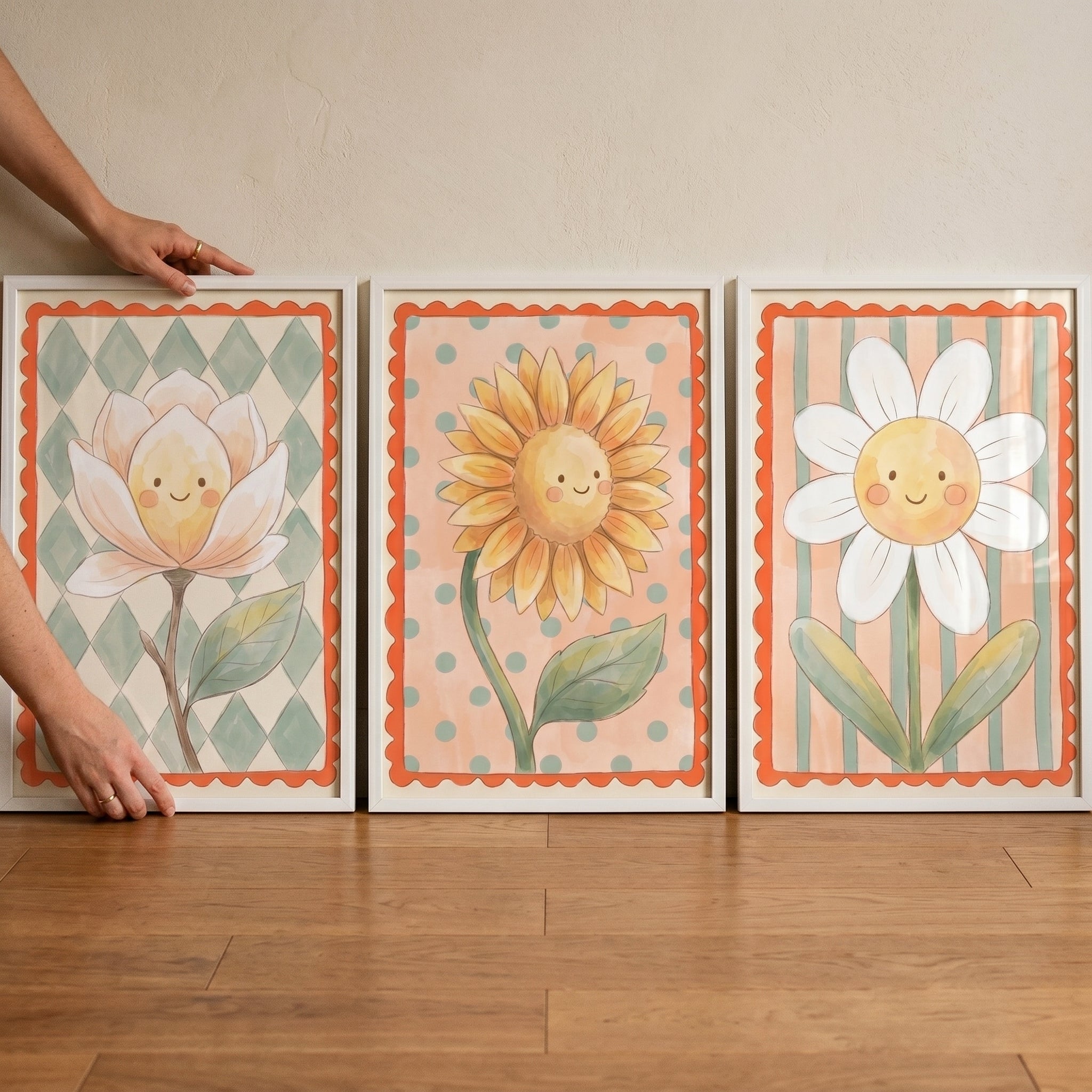 Whimsical Smiling Flower Wall Art Set of 3 - Cheerful Floral Trio