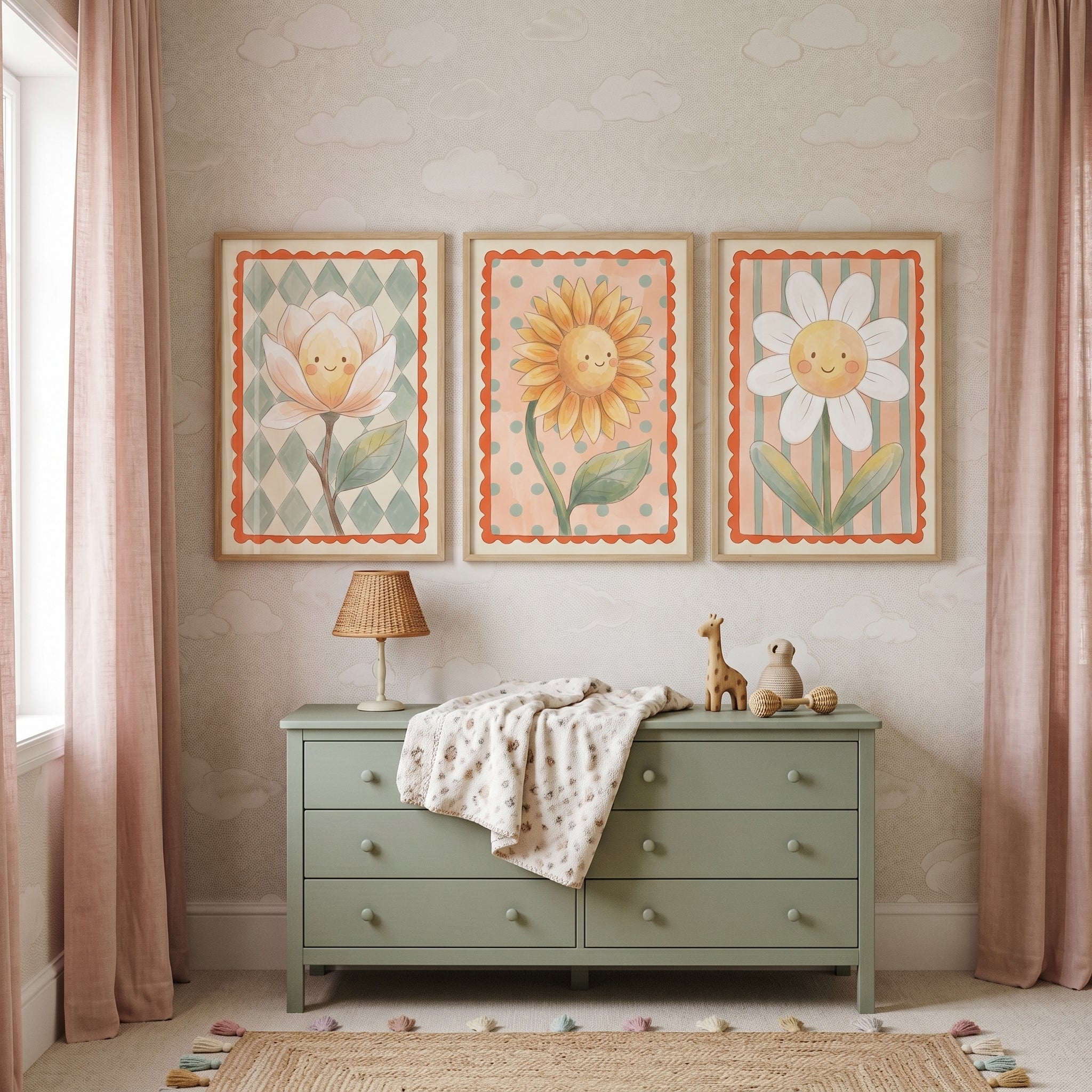 Whimsical Smiling Flower Wall Art Set of 3 - Cheerful Floral Trio