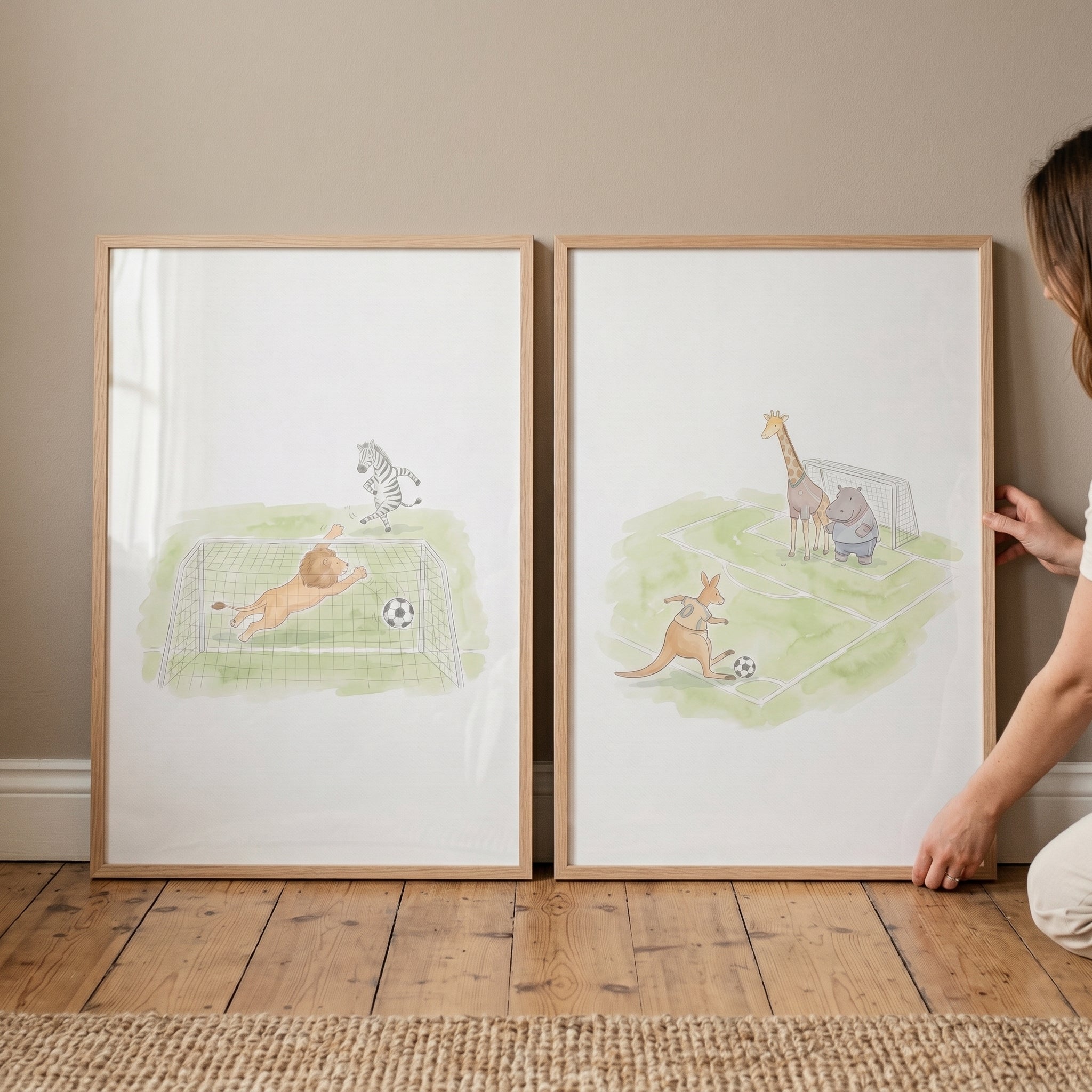 Whimsical Soccer Safari Animals Wall Art Set of 2 - Savanna Soccer Stars