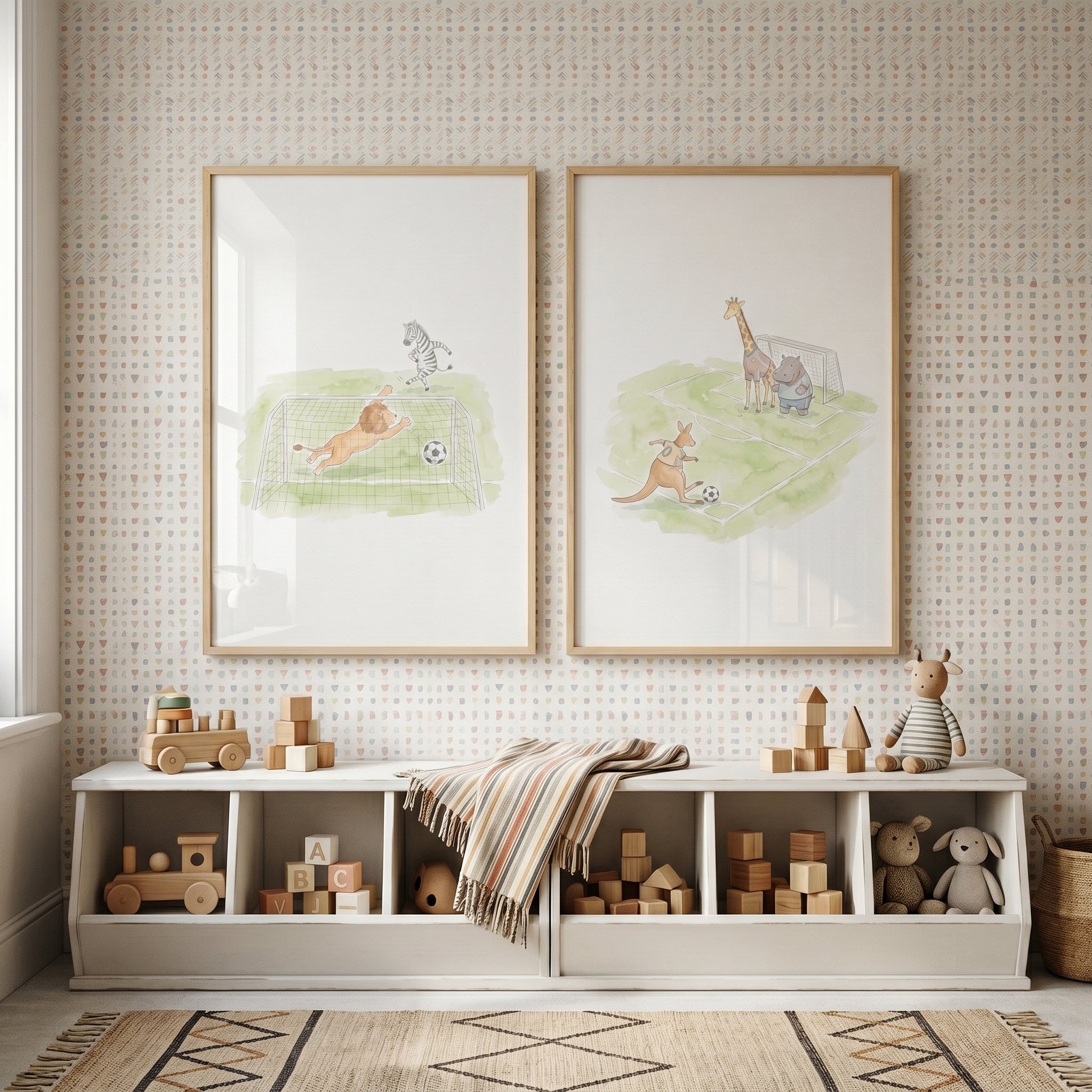 Whimsical Soccer Safari Animals Wall Art Set of 2 - Savanna Soccer Stars