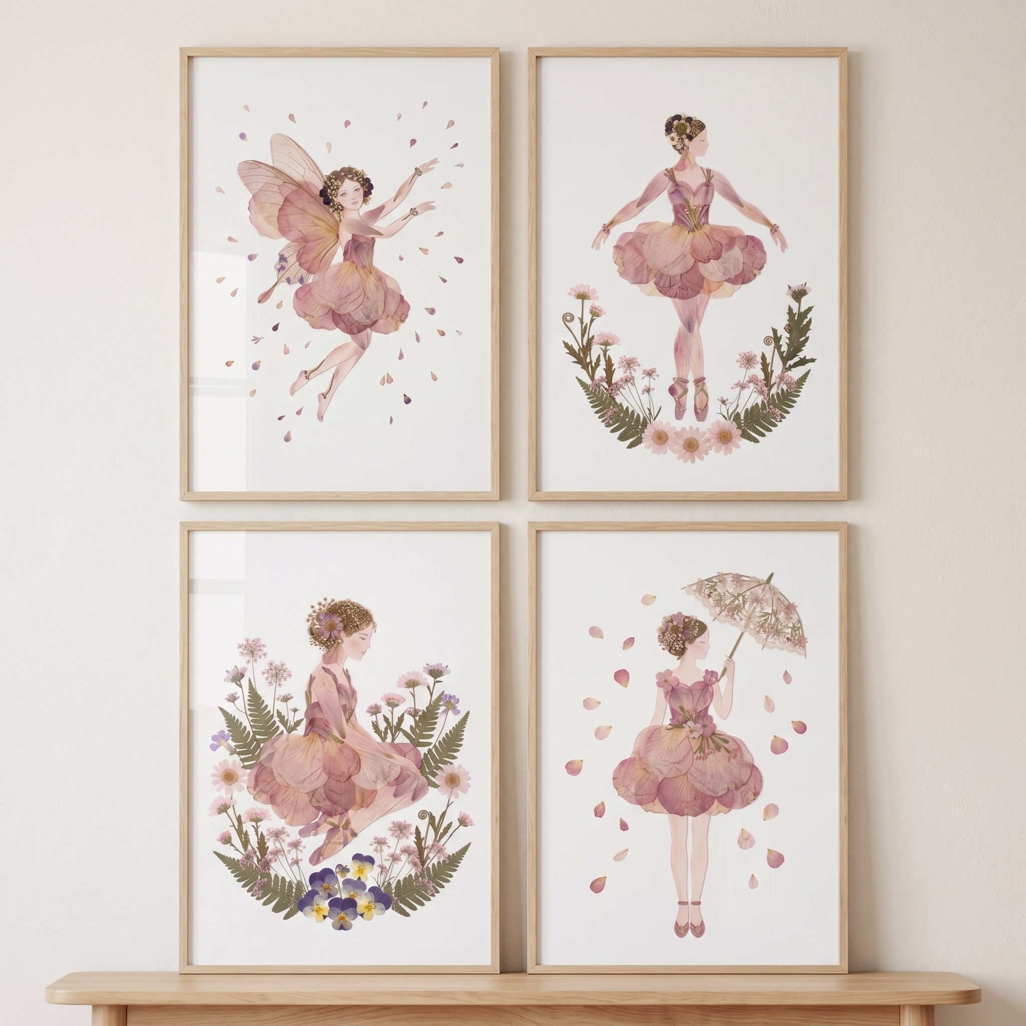Whimsical Soft Petal Girl Wall Art Set of 4 - Petal Ballerina Dreams
