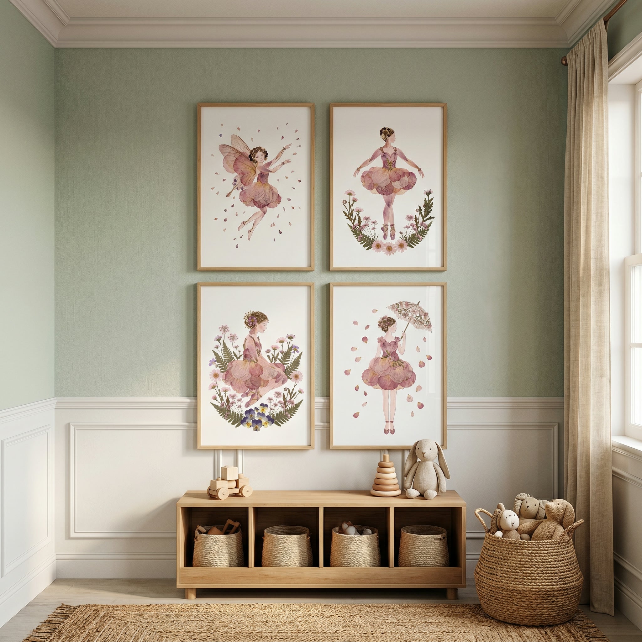 Whimsical Soft Petal Girl Wall Art Set of 4 - Petal Ballerina Dreams
