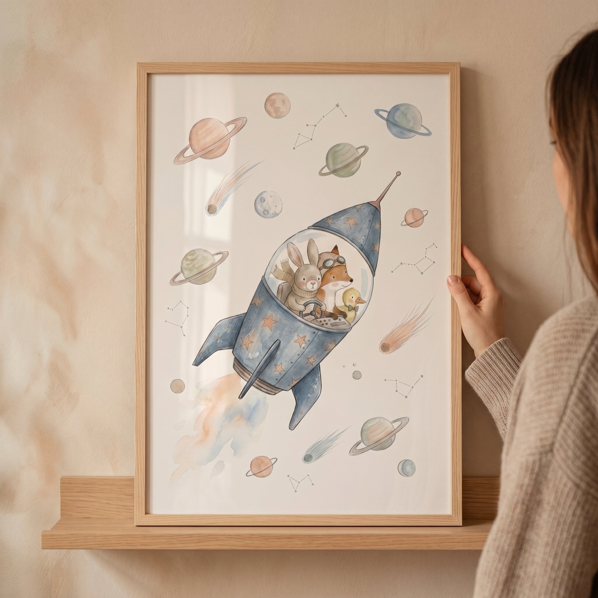 Whimsical Space Animals Rocket Wall Art - Little Rocket Friends