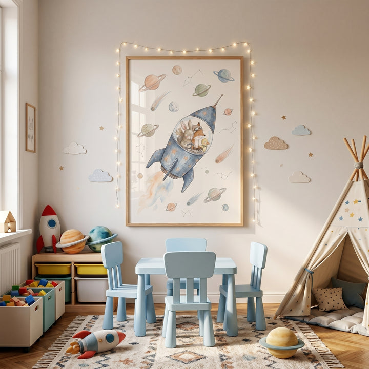 Whimsical space animals rocket wall art hangs above a blue table and chairs in a child's room with a teepee and toys.