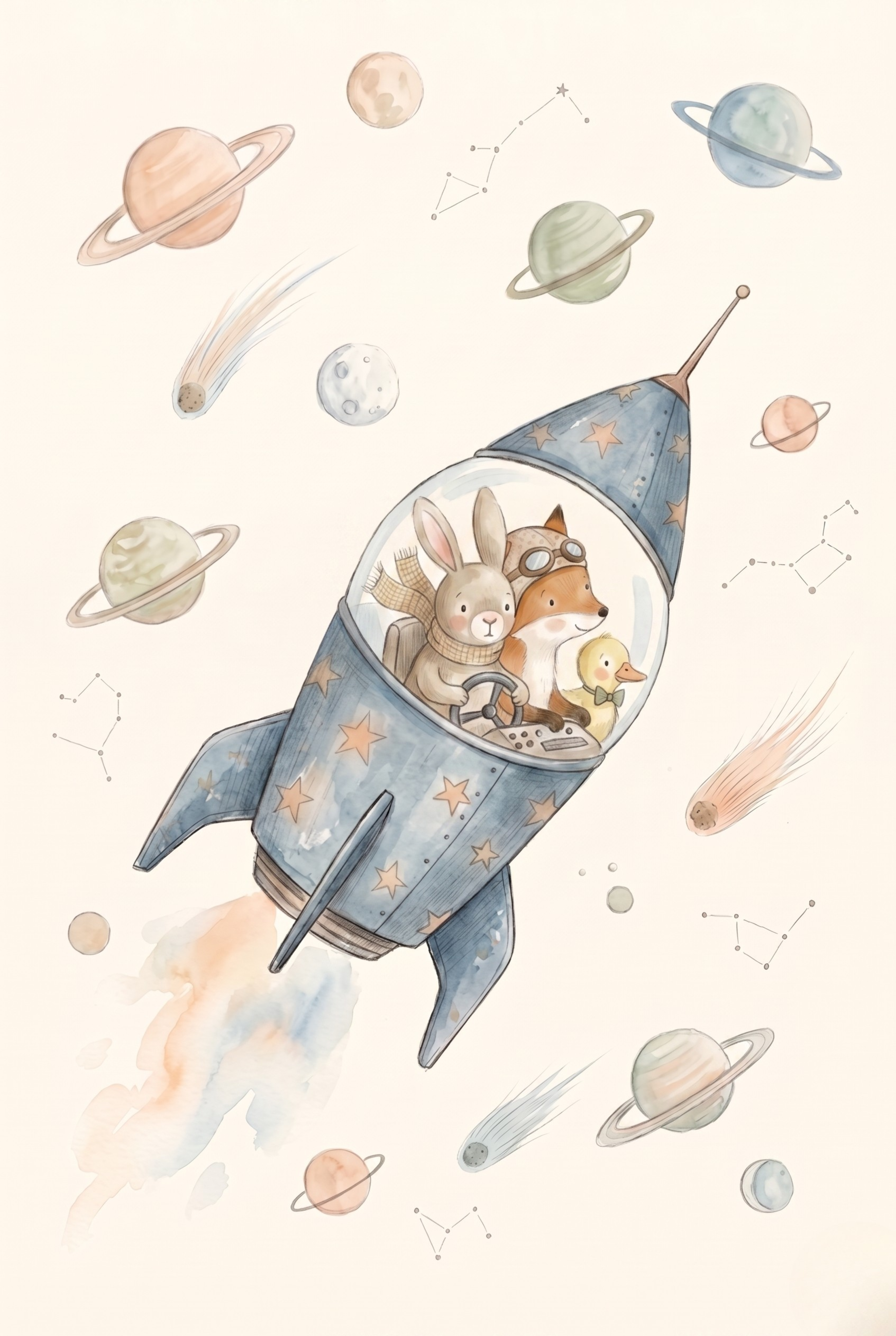 Whimsical Space Animals Rocket Wall Art - Little Rocket Friends