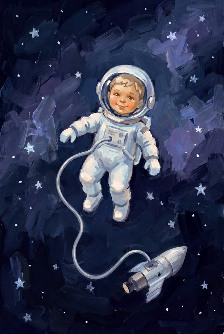 Whimsical space baby astronaut wall art of a smiling infant floating in a suit tethered to a rocket in starry space.