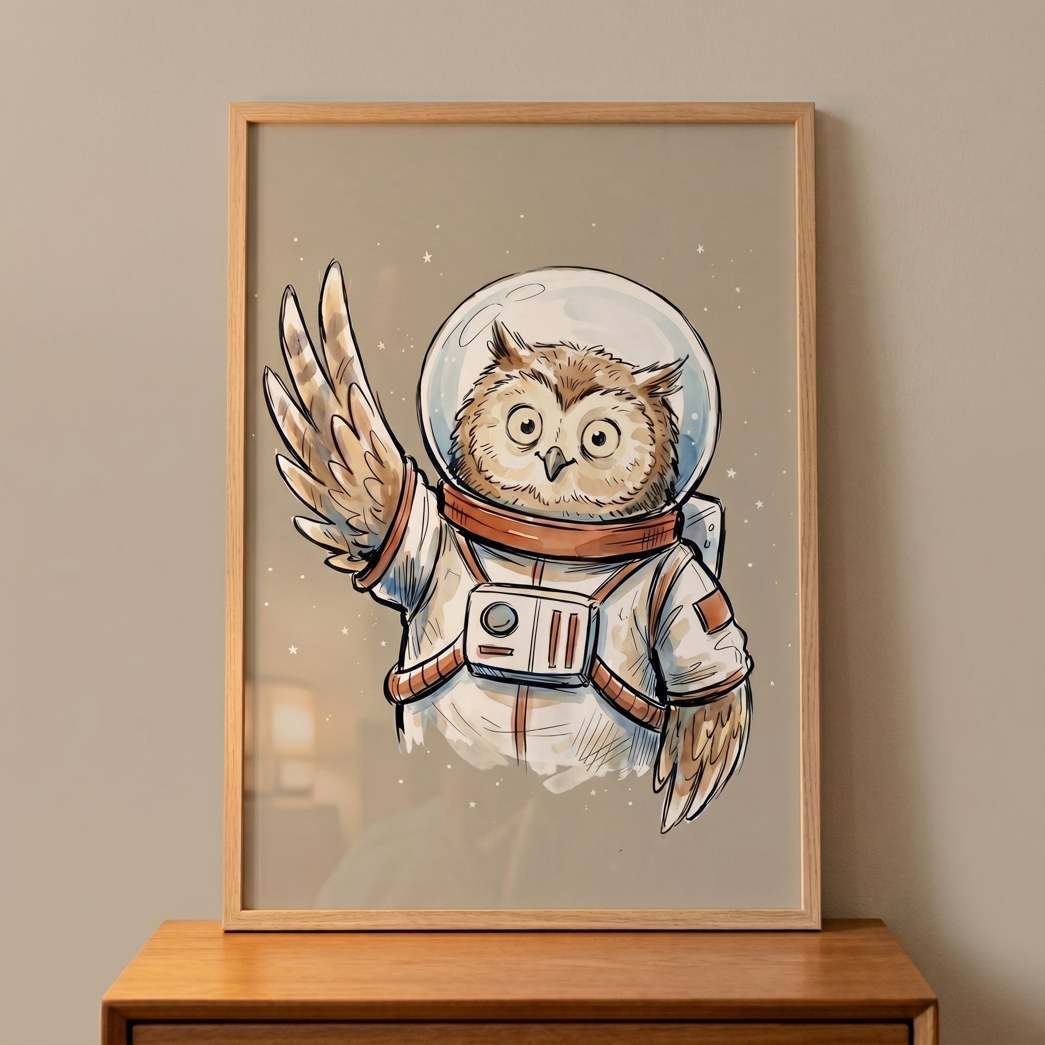 Whimsical Space Suit Owl Wall Art - Cosmic Owl Voyager