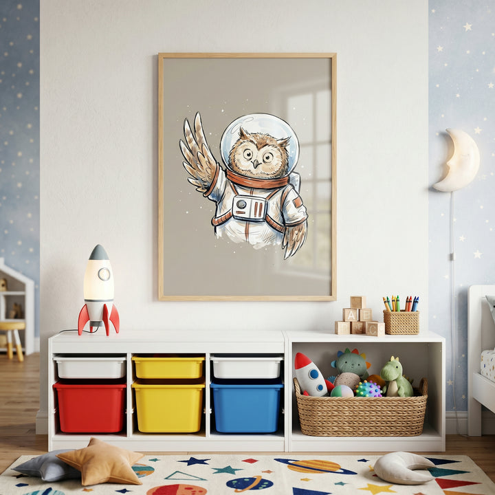 Whimsical space suit owl wall art above colorful toy bins and a rocket lamp in a star-themed nursery.