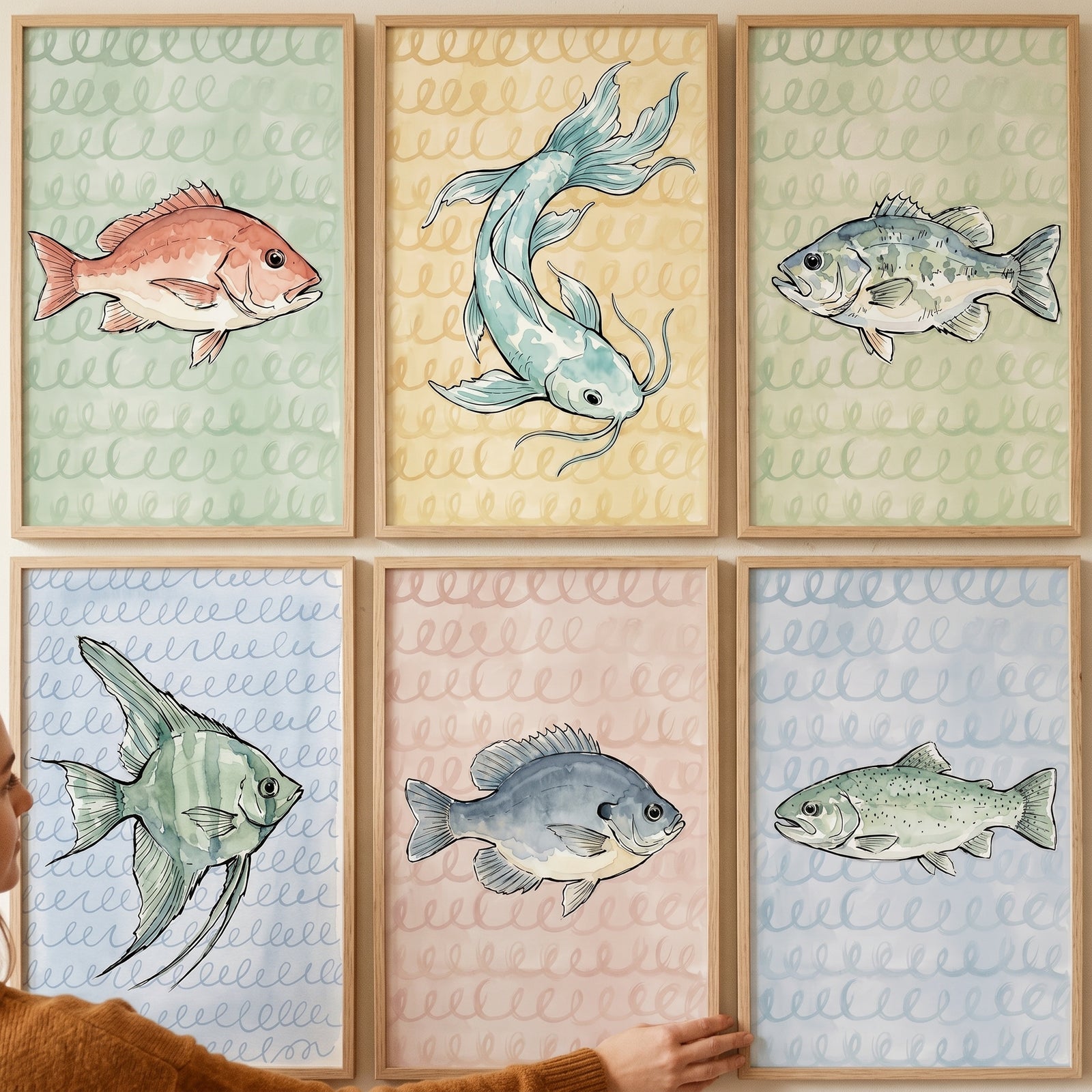 Six framed drawings of various fish in a whimsical spiral pattern fish wall art set of 6 with light wood frames.