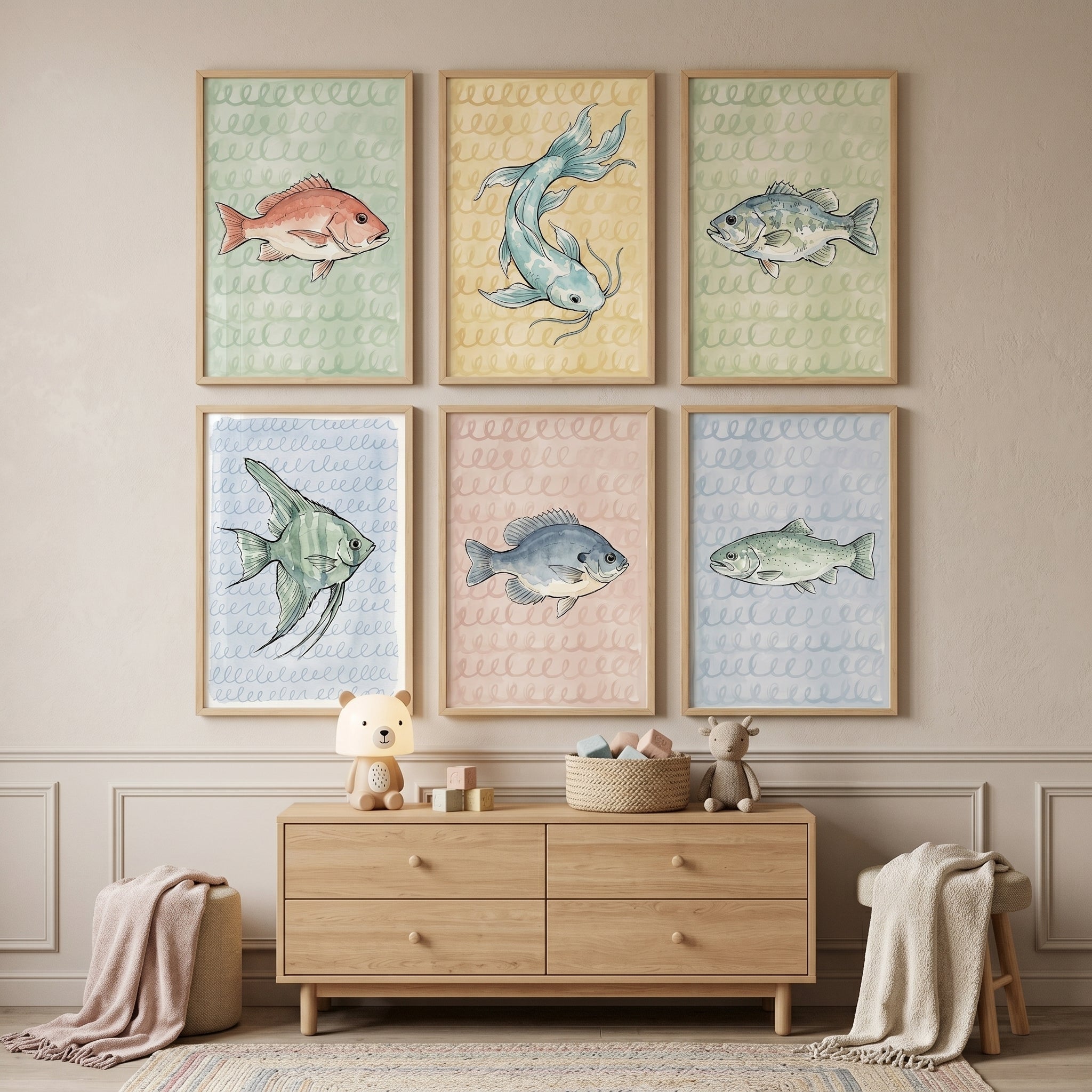Whimsical Spiral Pattern Fish Wall Art Set of 6 - Serene Fish Collection