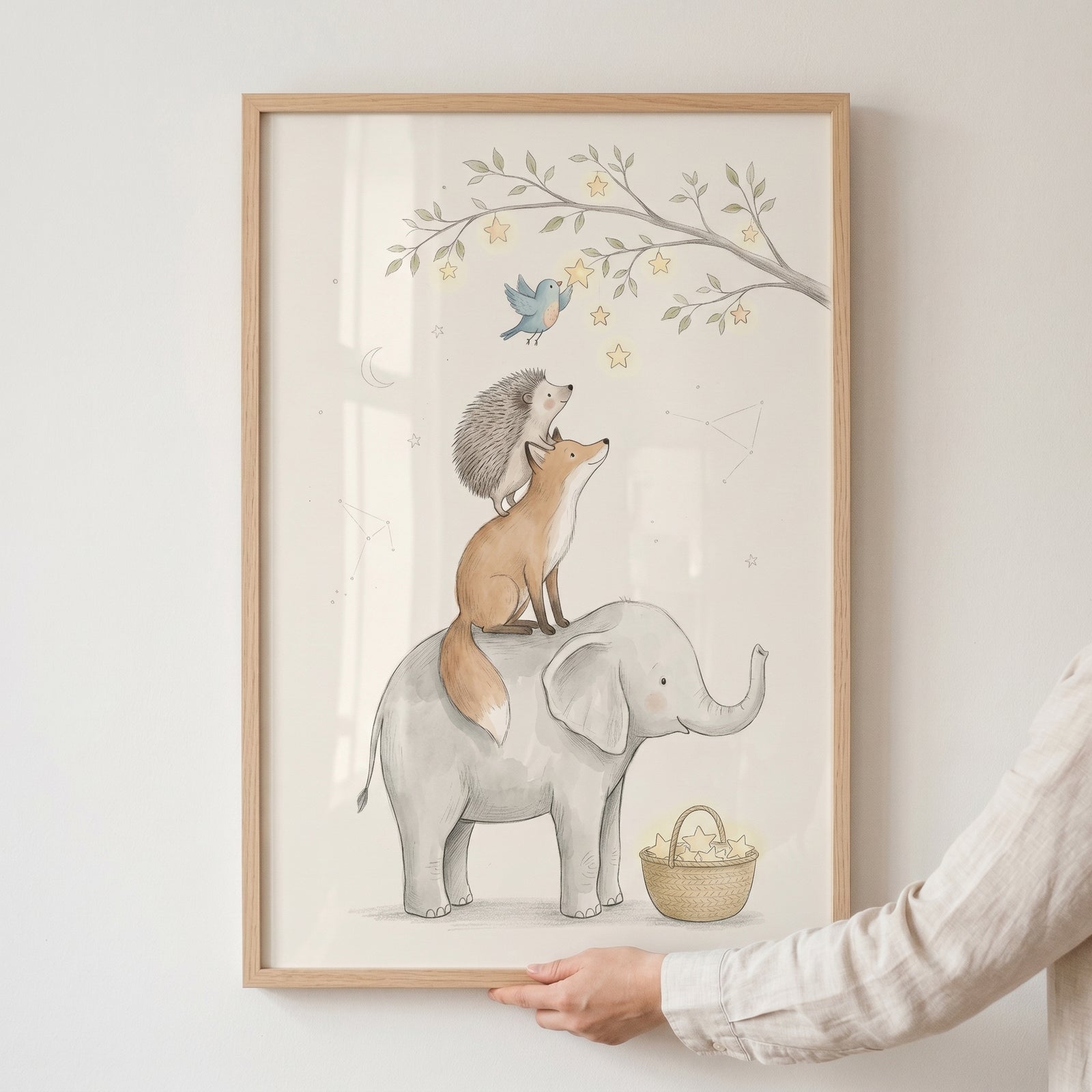 Fox and hedgehog atop an elephant reach for stars from a tree in this whimsical stack animals wall art.