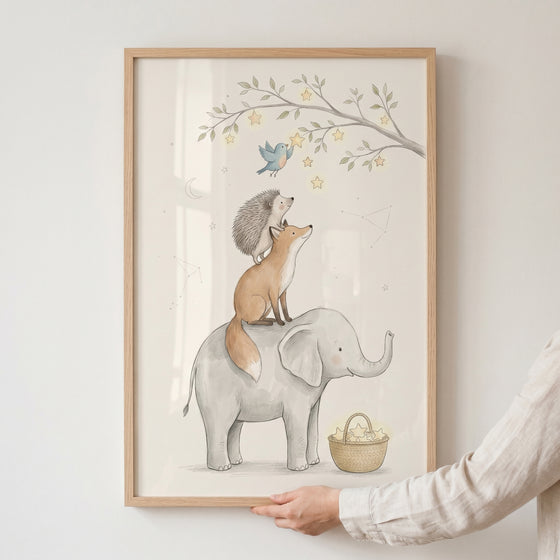 Fox and hedgehog atop an elephant reach for stars from a tree in this whimsical stack animals wall art.