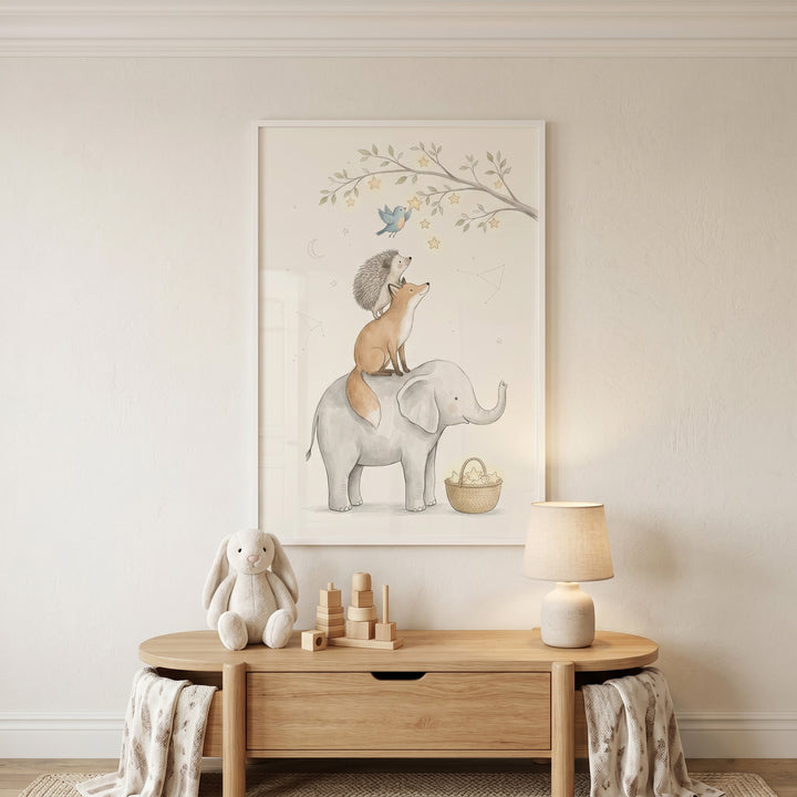 Whimsical stack animals wall art hangs above a wooden table with a plush rabbit, blocks, and a lamp in a nursery.