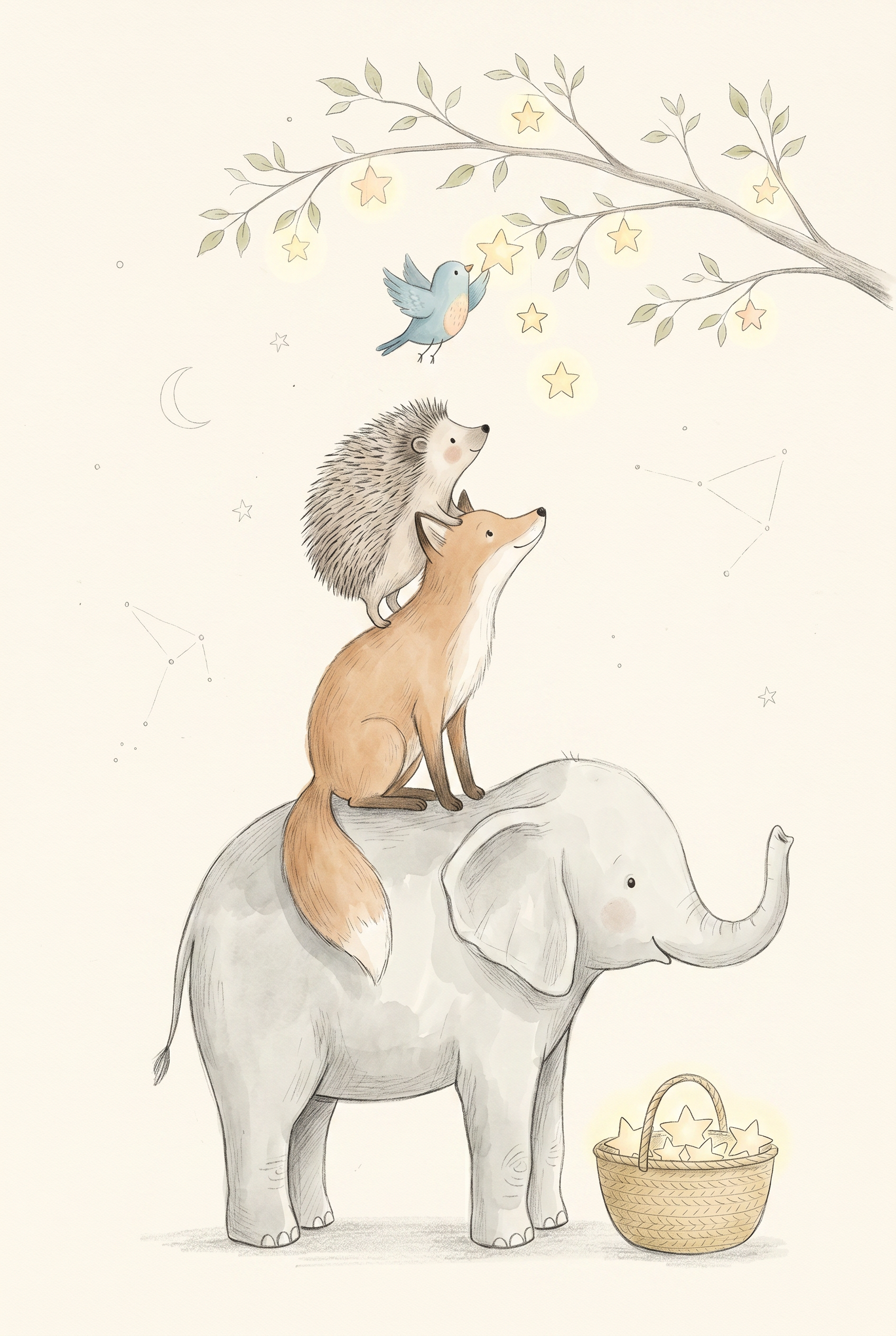 Whimsical Stack Animals Wall Art - Starlit Forest Friends