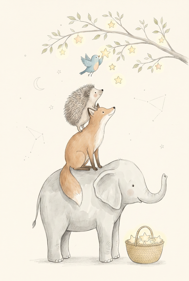Whimsical stack animals wall art with a hedgehog on a fox on an elephant reaching for glowing stars under a tree branch.