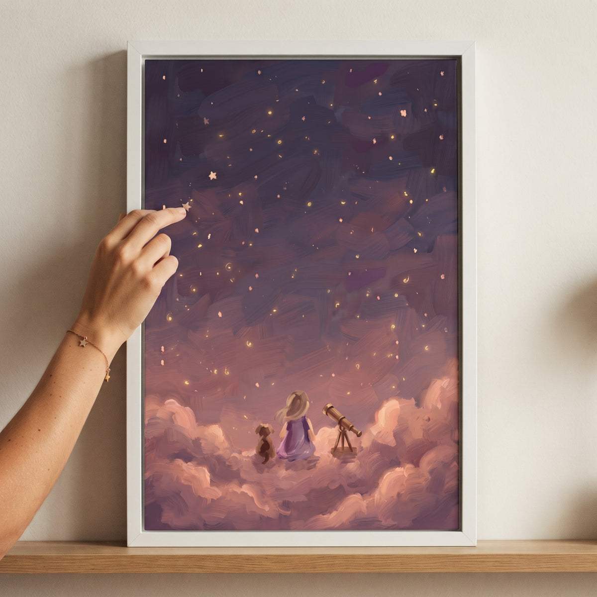 Whimsical Stargazing Girl Dog Space Wall Art - Starry Cloud Gazing