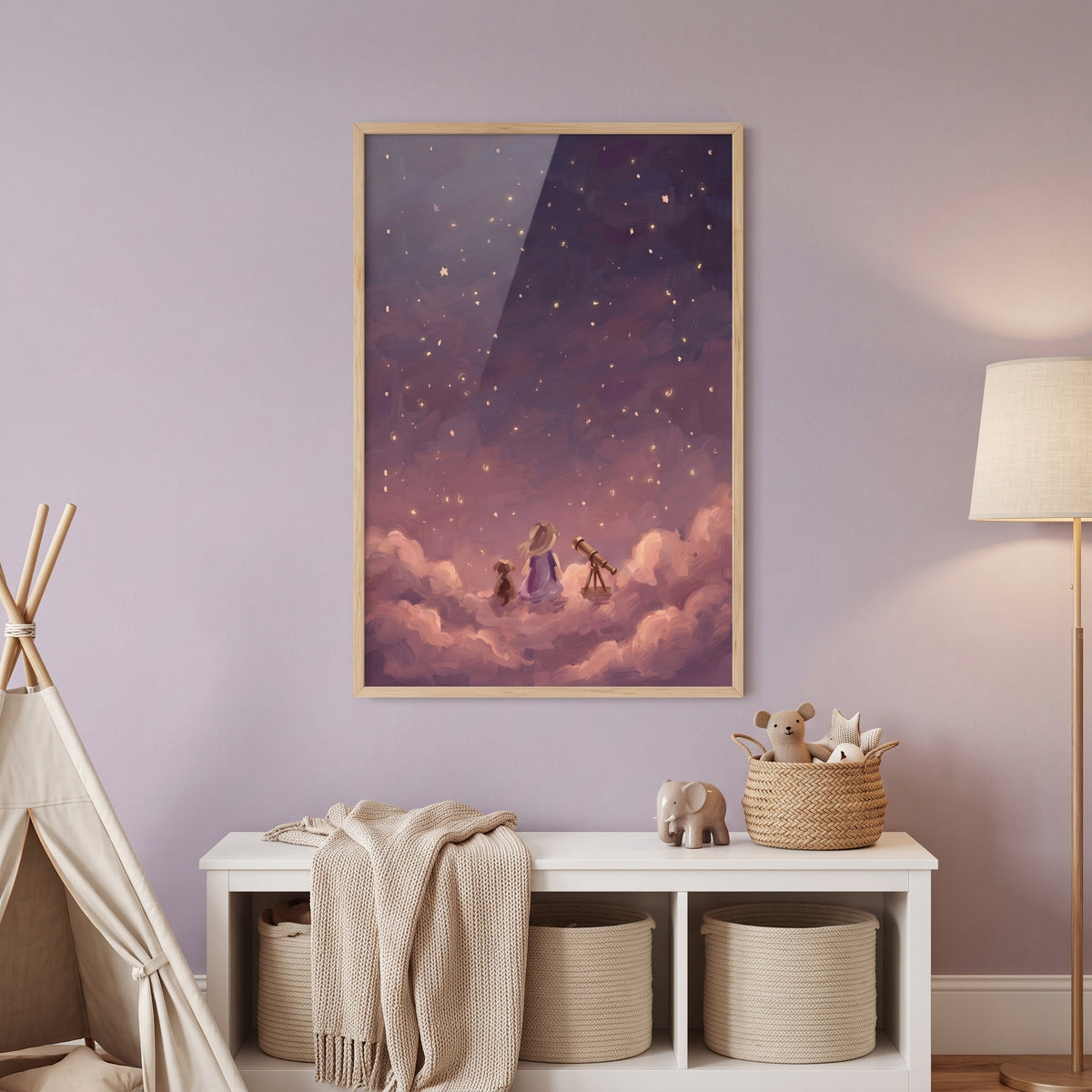 Whimsical Stargazing Girl Dog Space Wall Art - Starry Cloud Gazing