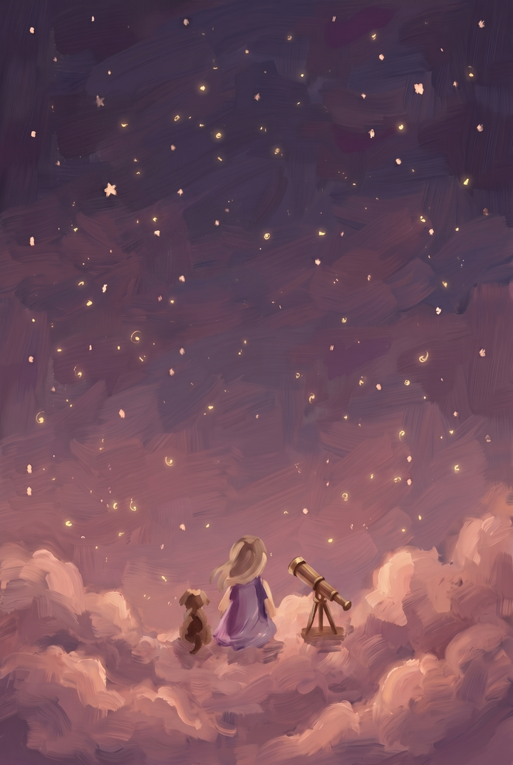 Whimsical stargazing girl dog space wall art of a child and pup on pink clouds looking at stars beside a telescope.