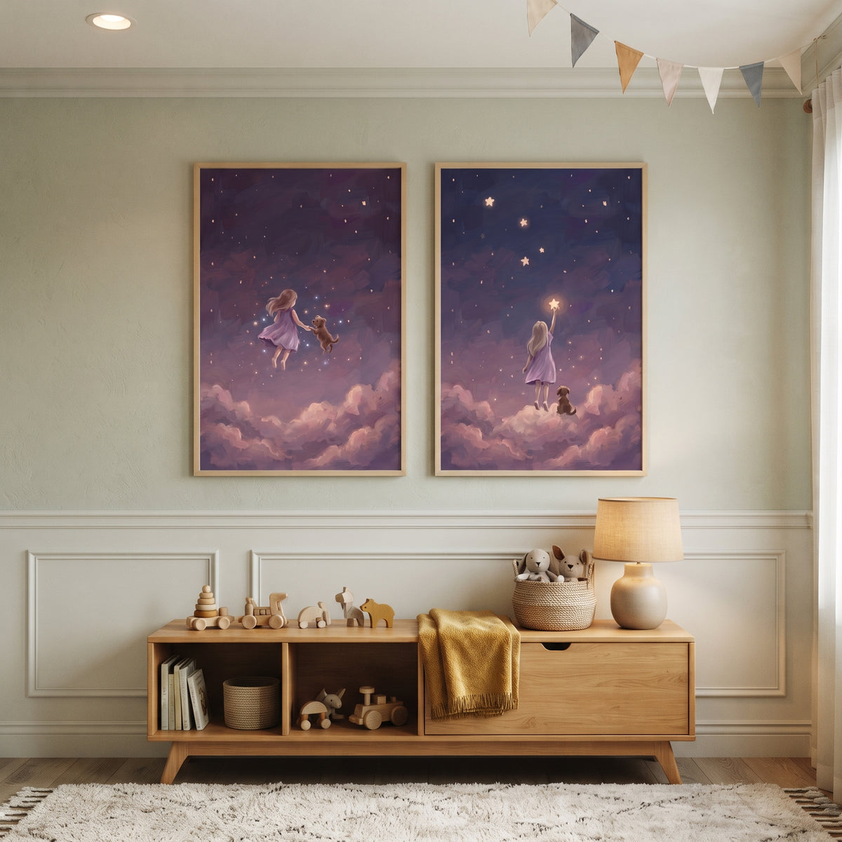 Whimsical Starlight Girl Dog Wall Art Set of 2 - Starlight Companions