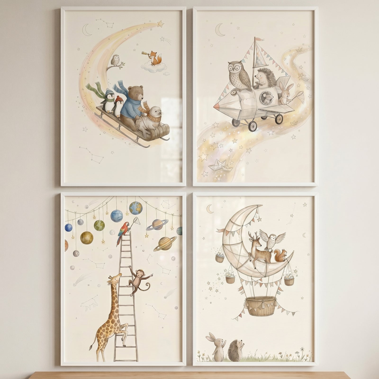 Whimsical starlit path animals wall art set of 4 shows forest animals on a moon sled, in a rocket, and reaching for planets.