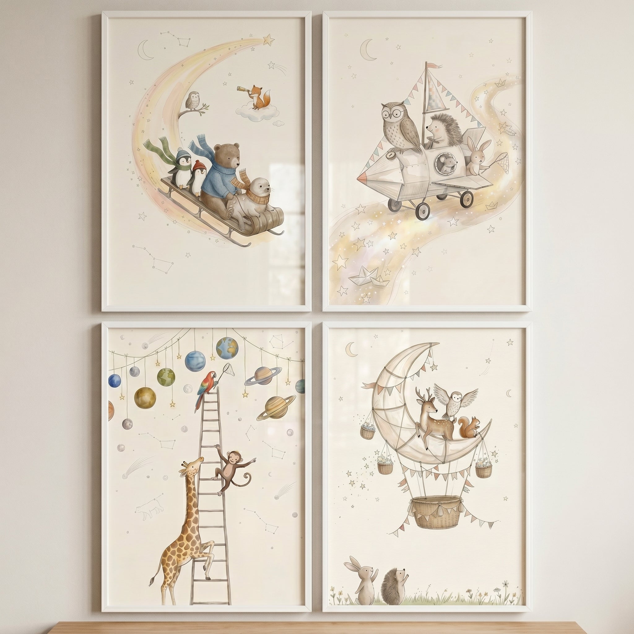 Whimsical Starlit Path Animals Wall Art Set of 4 - Dreamy Celestial Travels