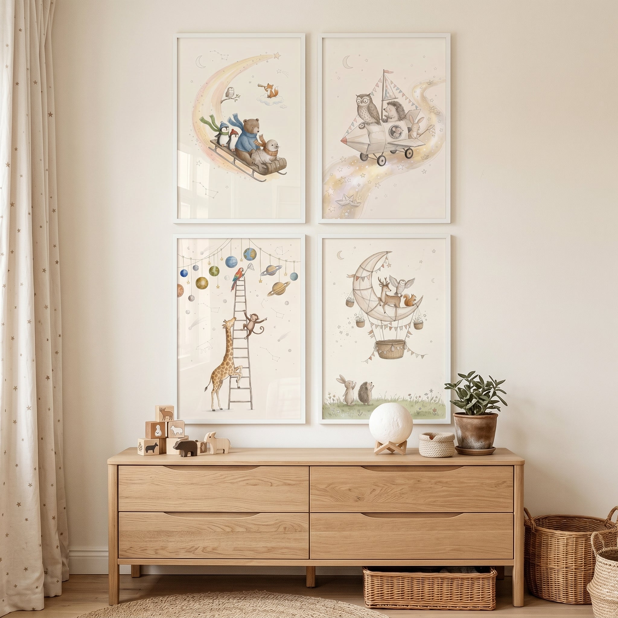 Whimsical Starlit Path Animals Wall Art Set of 4 - Dreamy Celestial Travels