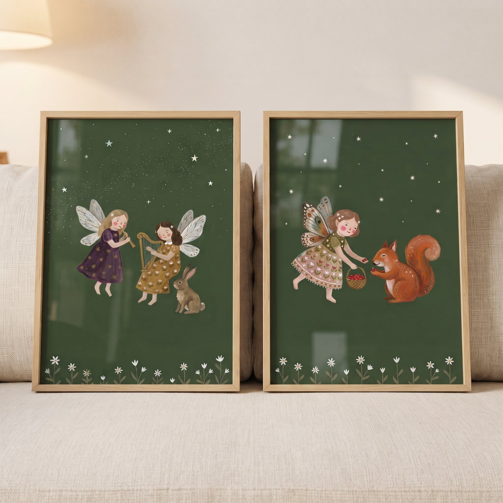 Whimsical starry night fairies wall art set of 2 with fairies playing music for a rabbit and feeding a squirrel.