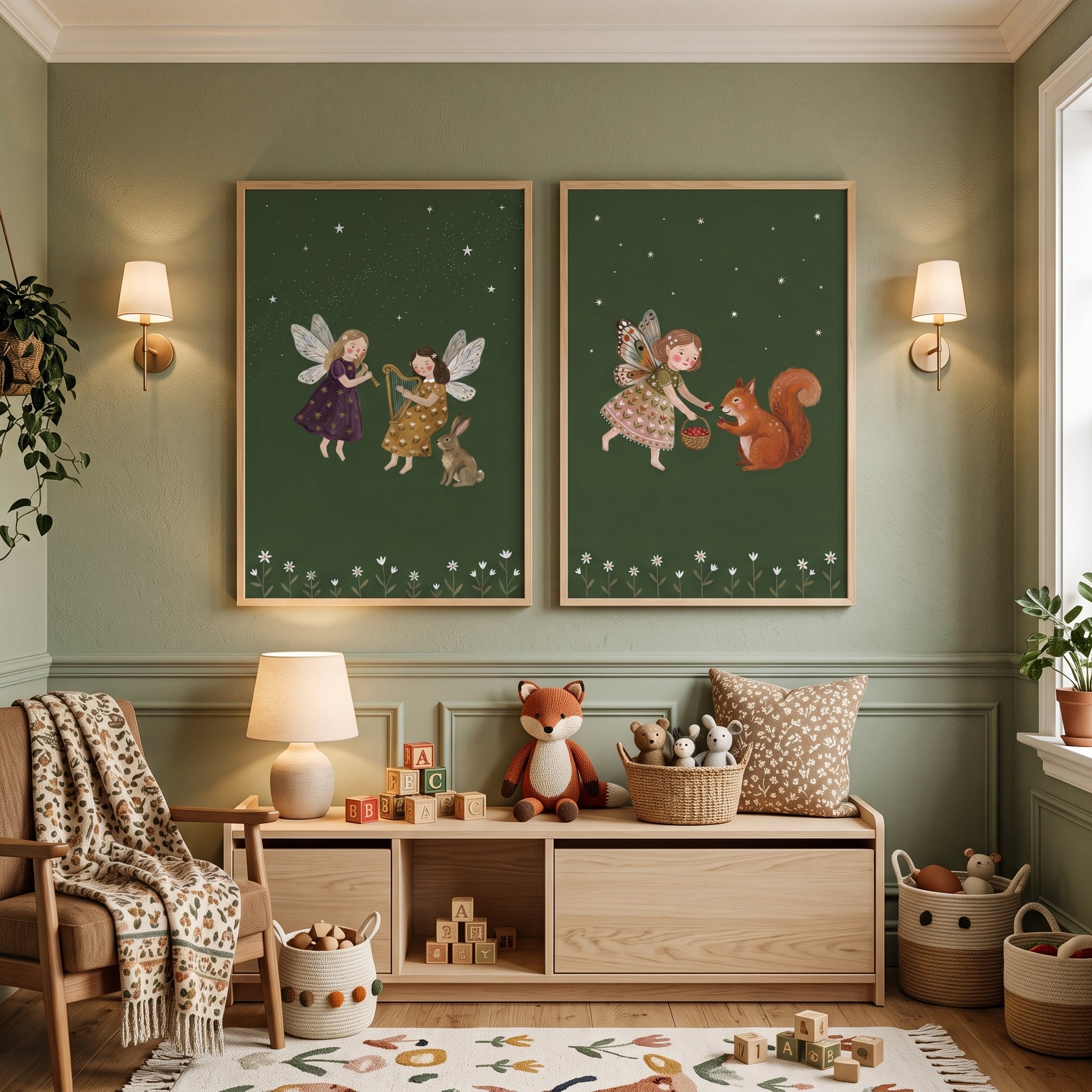 Whimsical Starry Night Fairies Wall Art Set of 2 - Whimsical Forest Folk