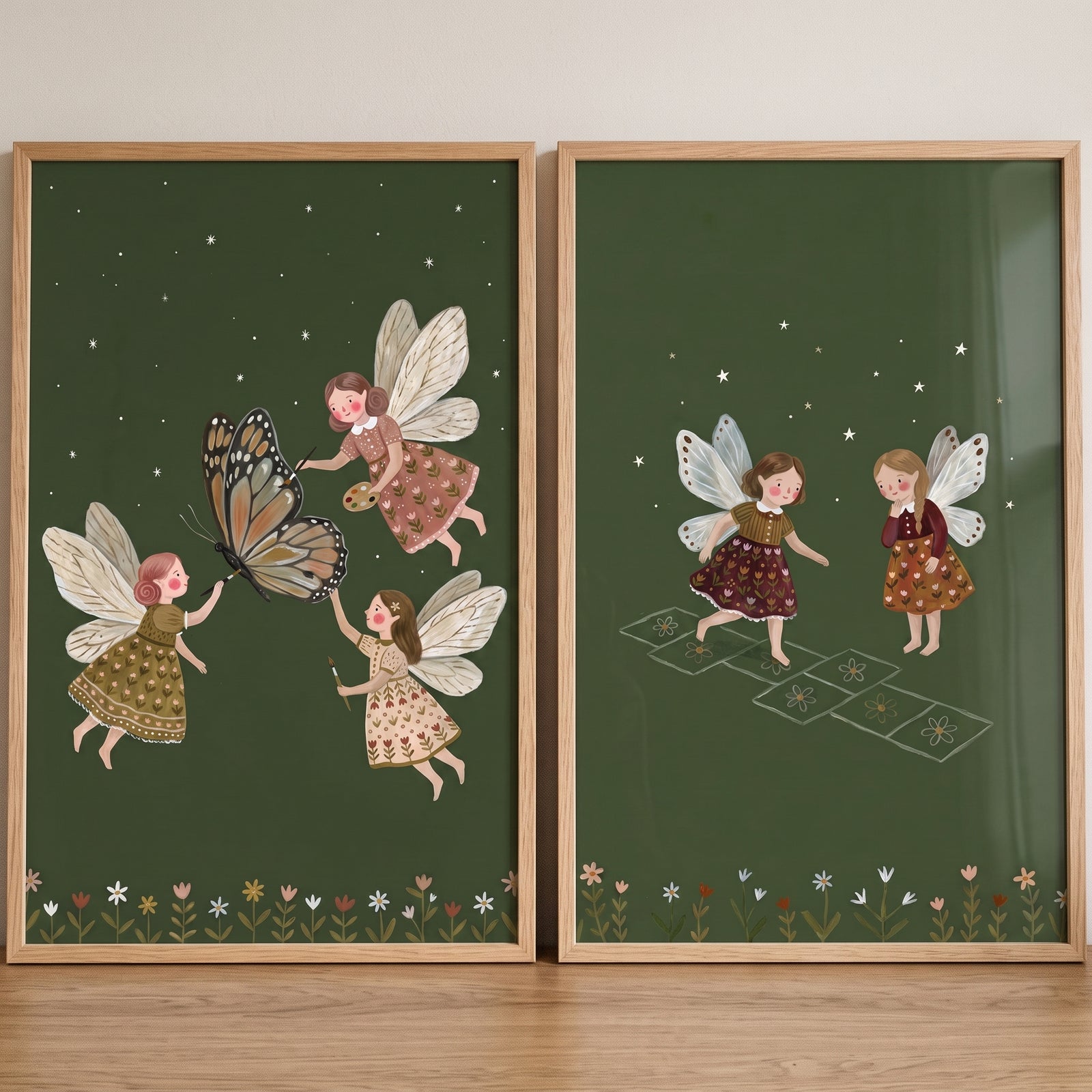 Whimsical starry olive fairies wall art set of 2 with winged girls playing hopscotch and adorning a butterfly.