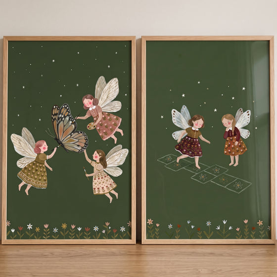 Whimsical starry olive fairies wall art set of 2 with winged girls playing hopscotch and adorning a butterfly.
