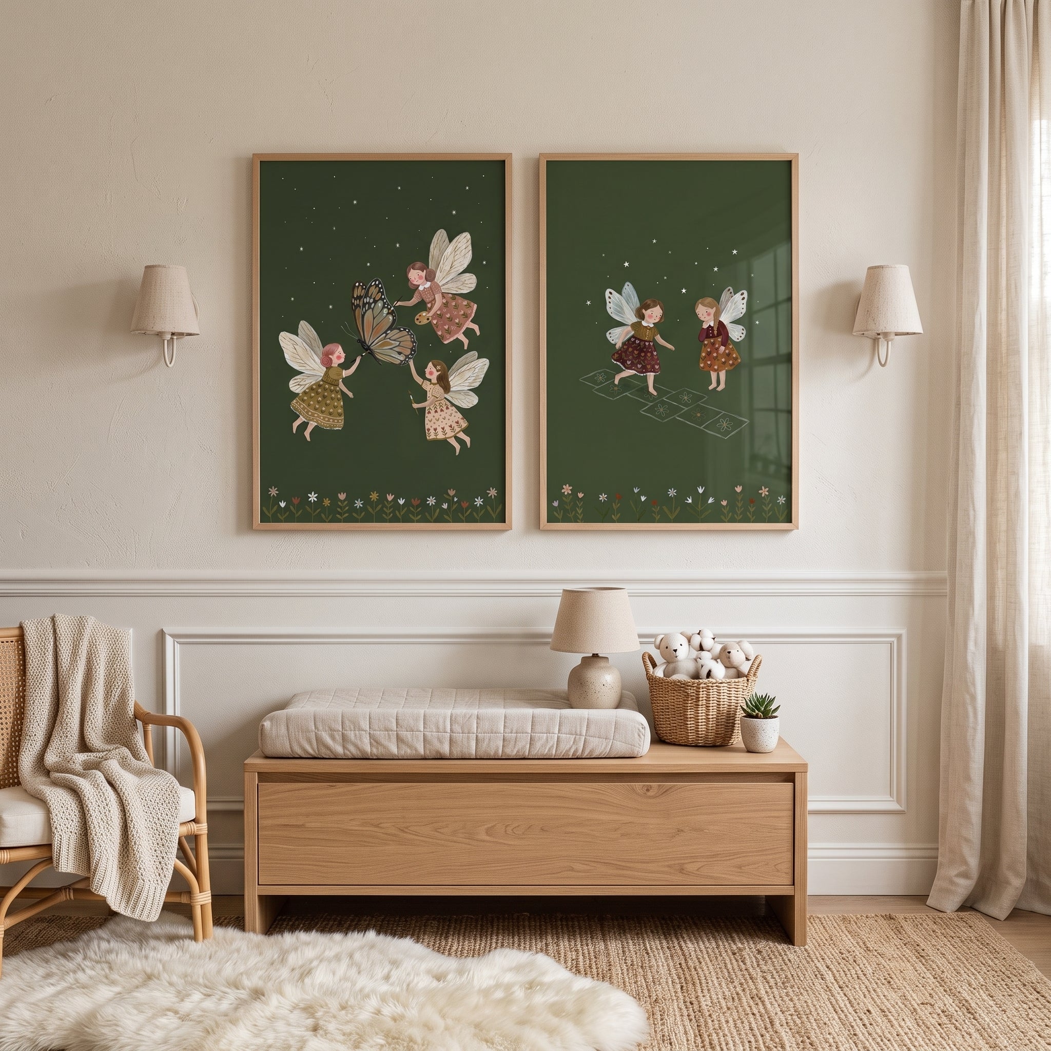 Whimsical Starry Olive Fairies Wall Art Set of 2 - Whimsical Garden Play