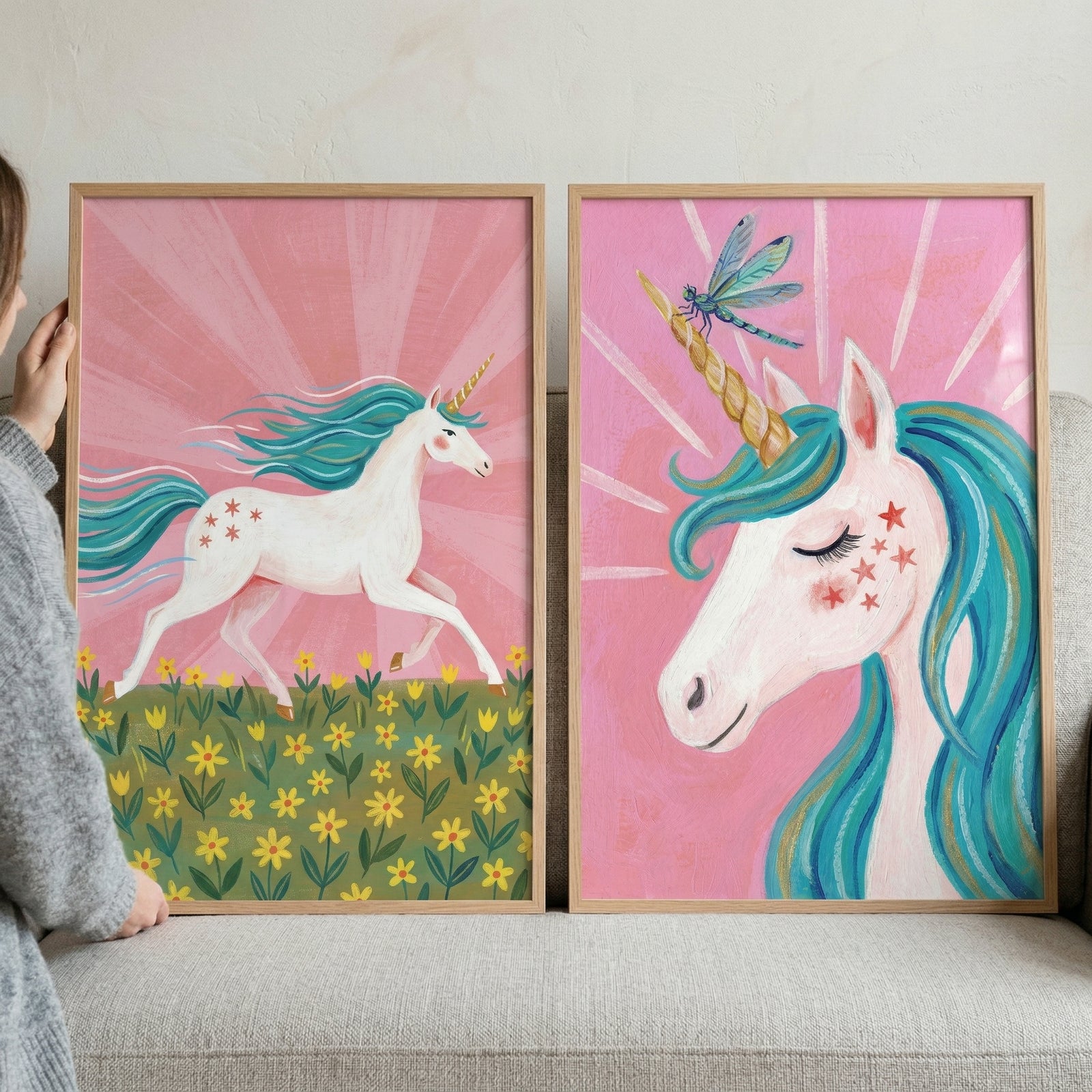Whimsical starry white unicorn wall art set of 2 with teal-maned unicorns, yellow flowers, and a dragonfly.
