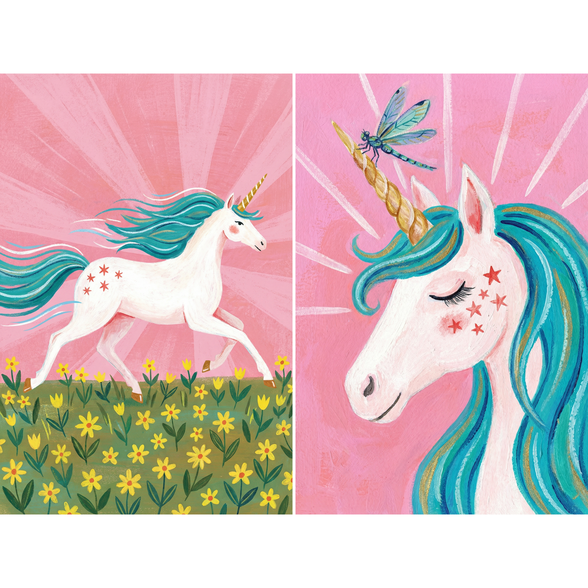 Whimsical Starry White Unicorn Wall Art Set of 2 - Stellar Unicorn Meadow