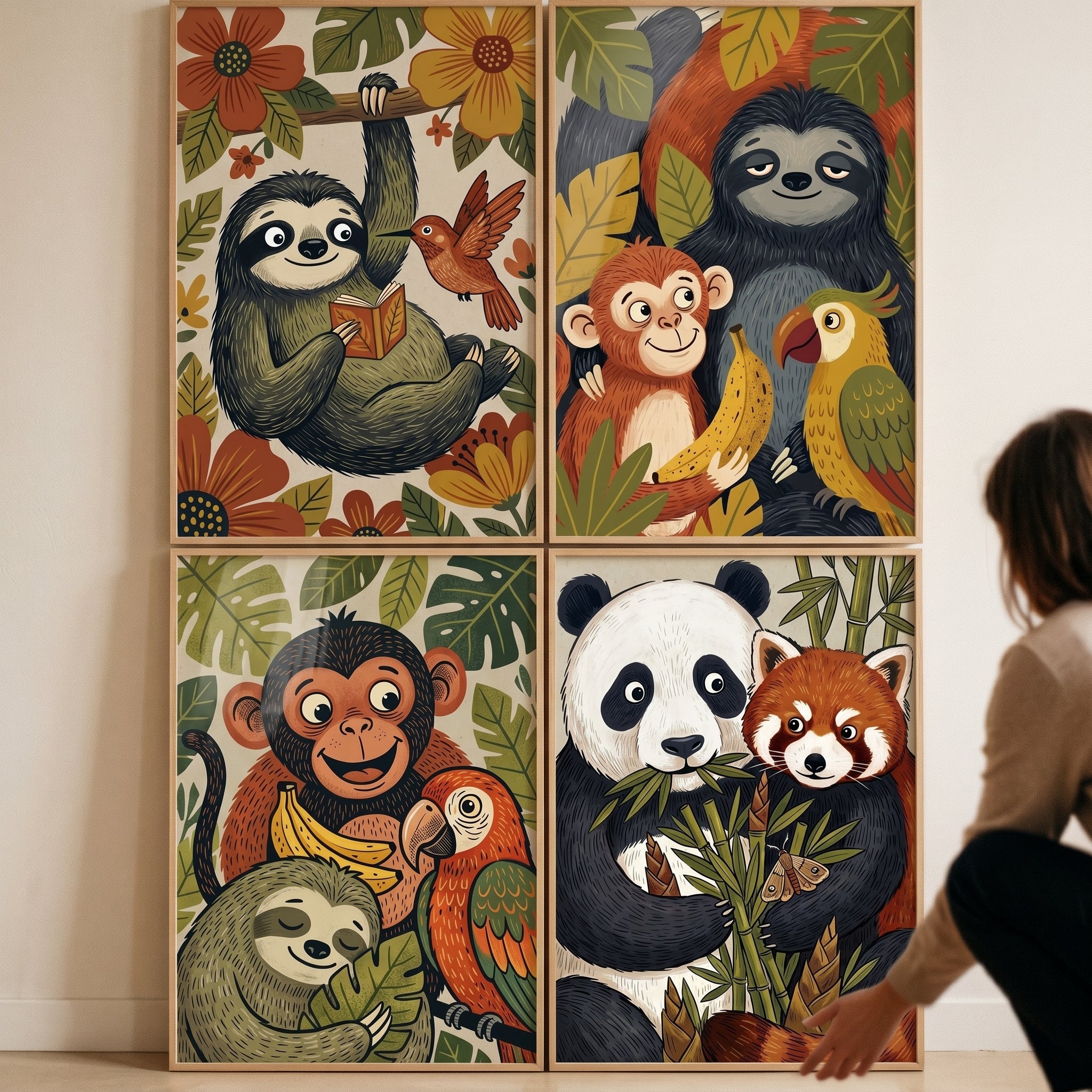 Whimsical Storybook Jungle Animals Wall Art Set of 4 - Happy Jungle Friends