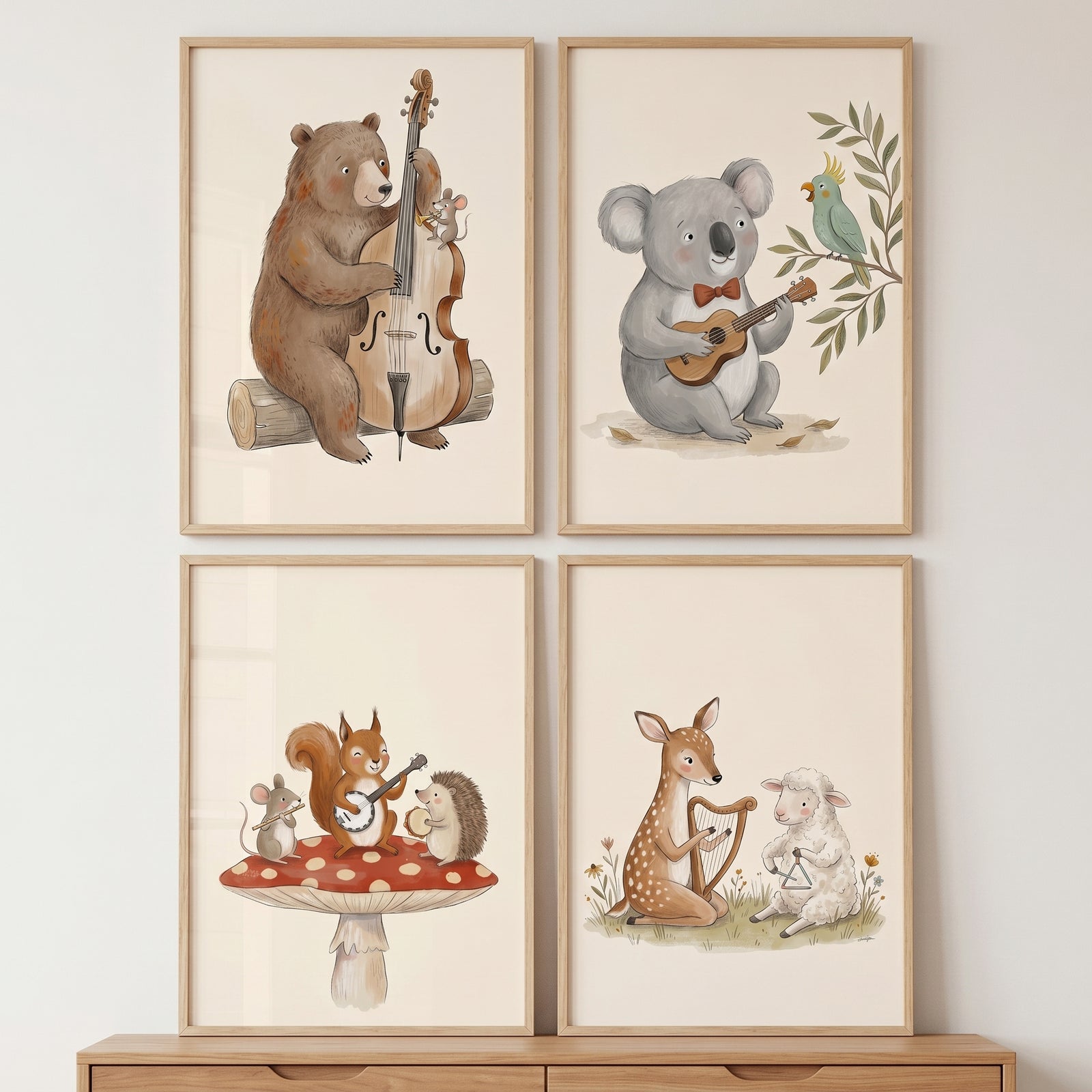 Whimsical storybook musical animals wall art set of 4 featuring a bear, koala, squirrel, and deer playing instruments.