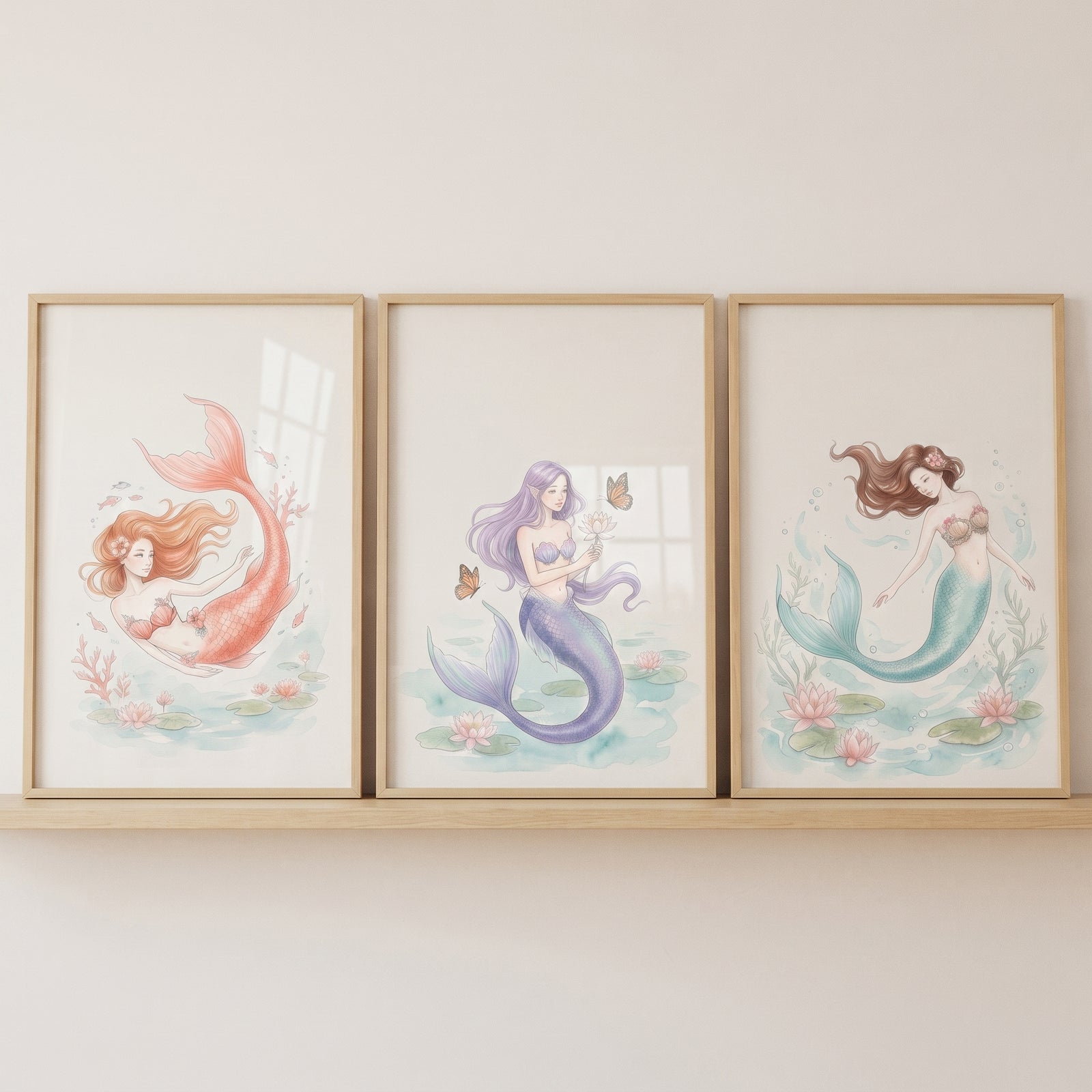 Whimsical storybook watercolor mermaid wall art set of 3 with coral, purple, and teal mermaids in wood frames on a shelf.