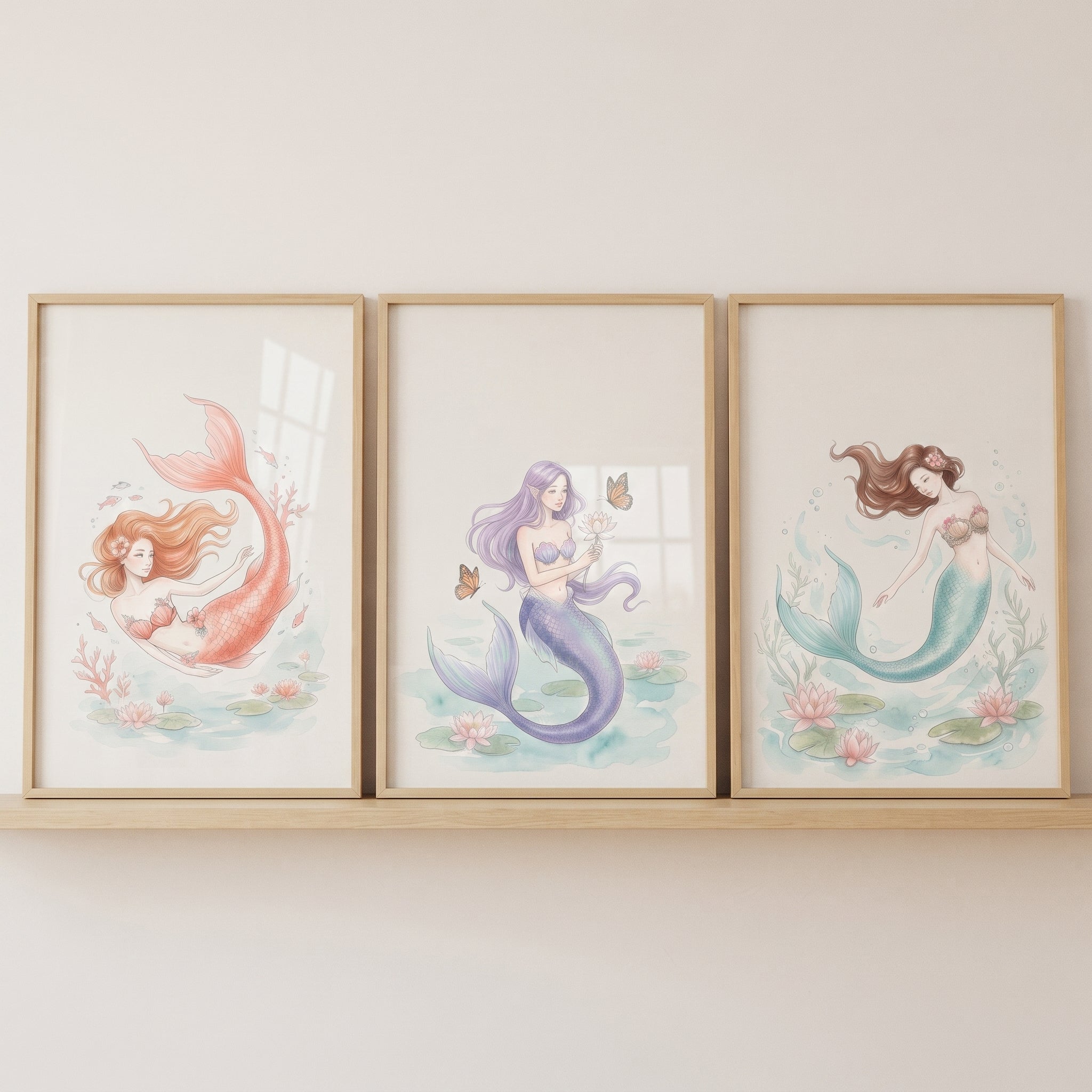 Whimsical Storybook Watercolor Mermaid Wall Art Set of 3 - Pastel Sea Sisters