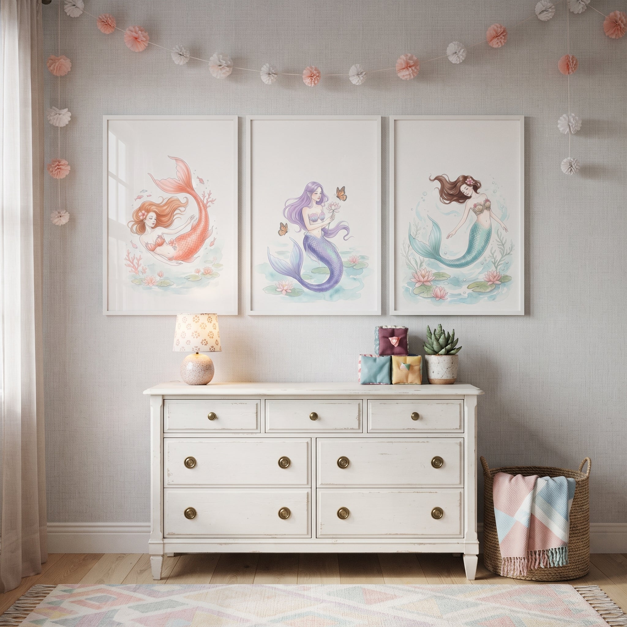 Whimsical Storybook Watercolor Mermaid Wall Art Set of 3 - Pastel Sea Sisters