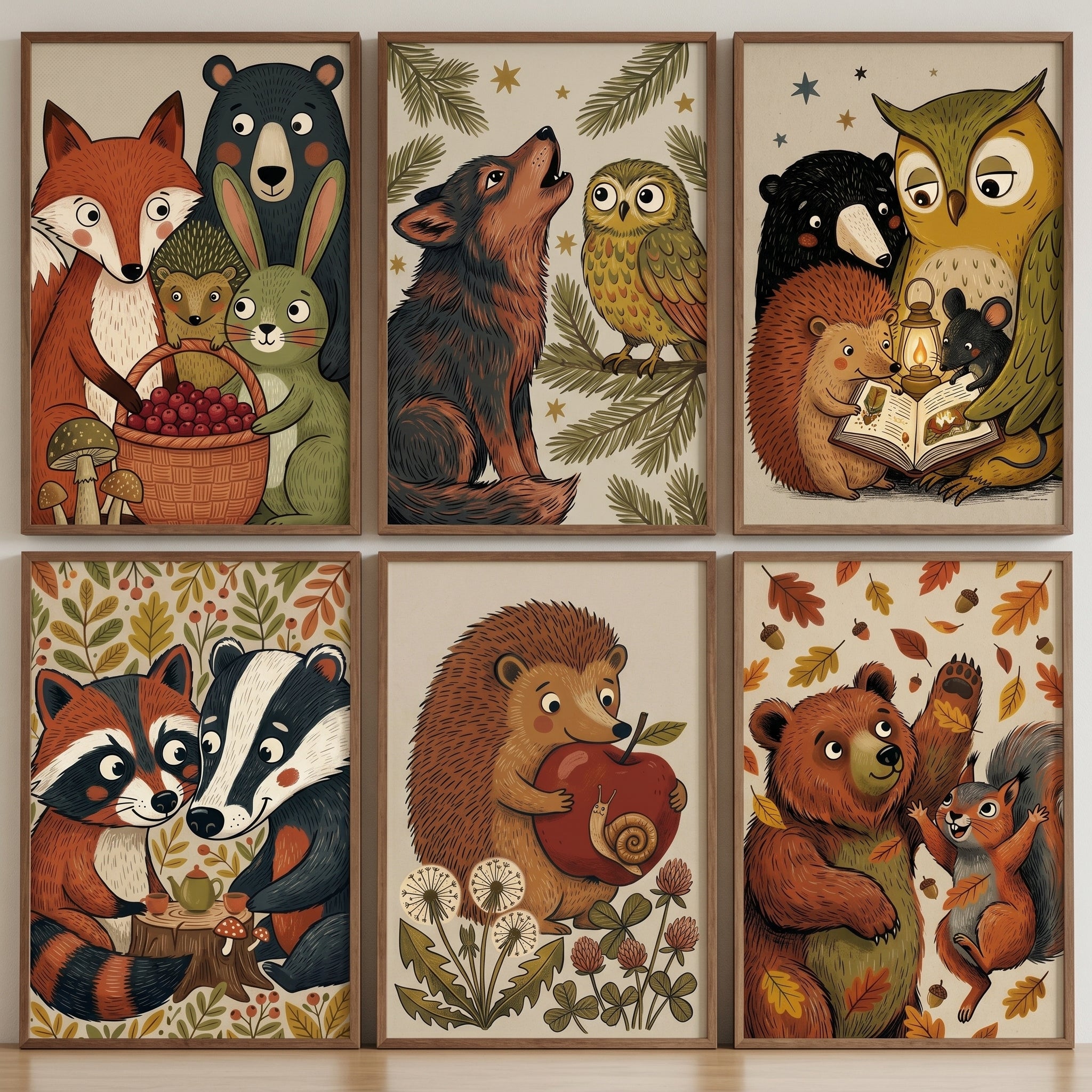 Whimsical Storybook Woodland Animals Wall Art Set of 6 - Woodland Friends Tales
