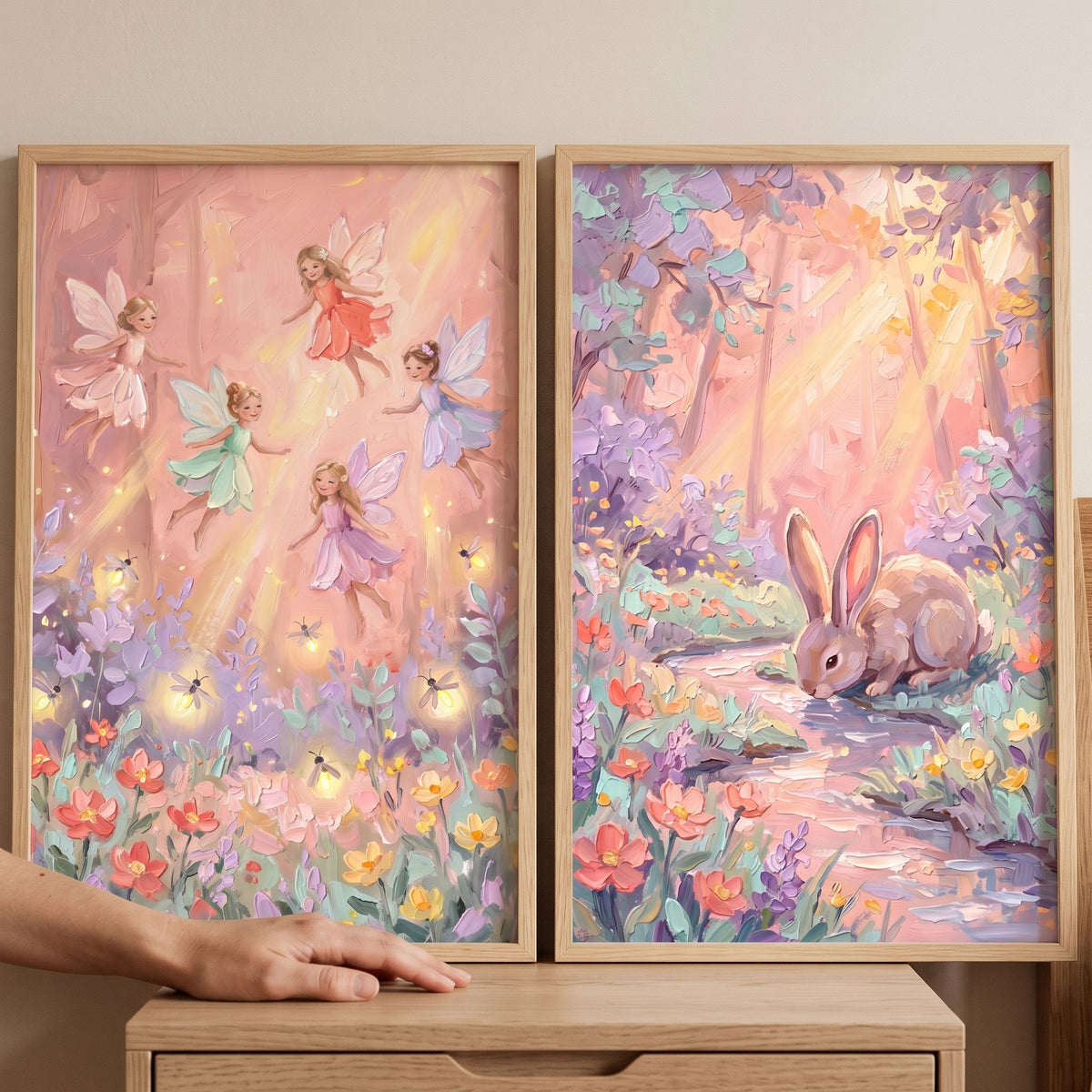 Whimsical sunlit forest wall art set of 2 featuring colorful fairies, fireflies, flowers, and a rabbit by a stream.