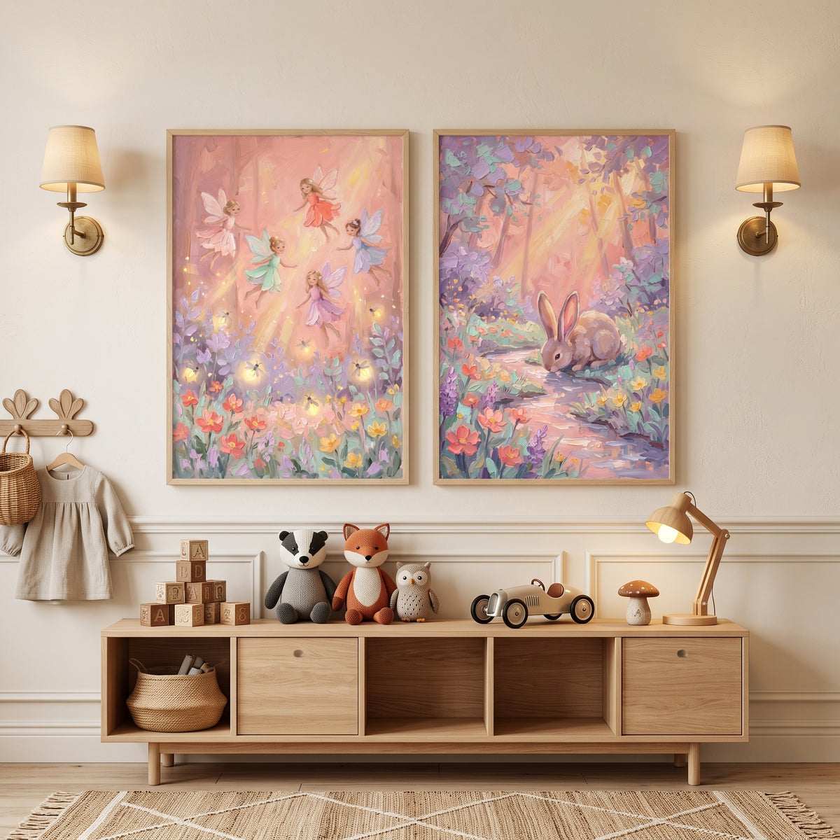 Whimsical Sunlit Forest Wall Art Set of 2 - Magic Woodland Stream