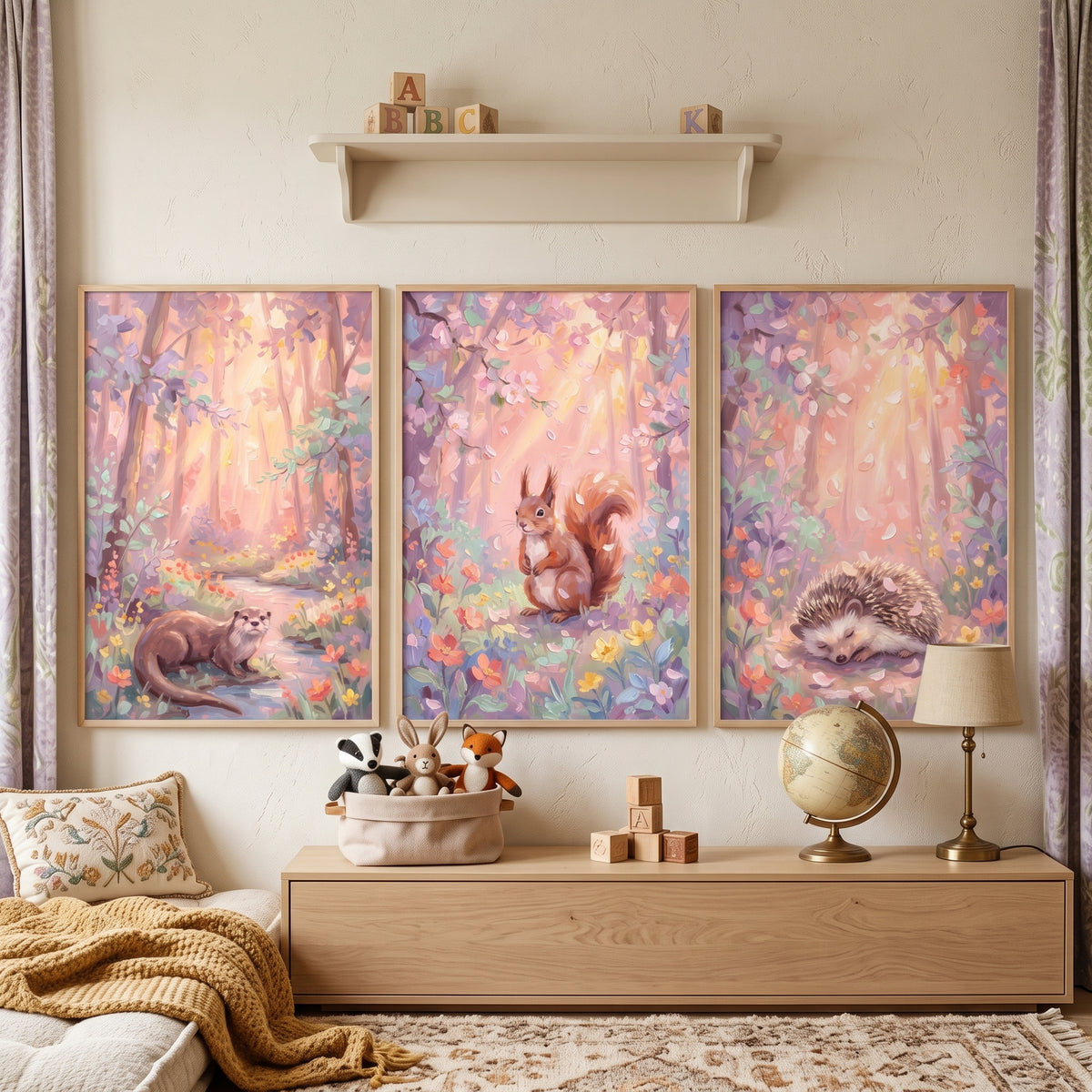 Whimsical Sunlit Woodland Animals Wall Art Set of 3 - Enchanted Woods