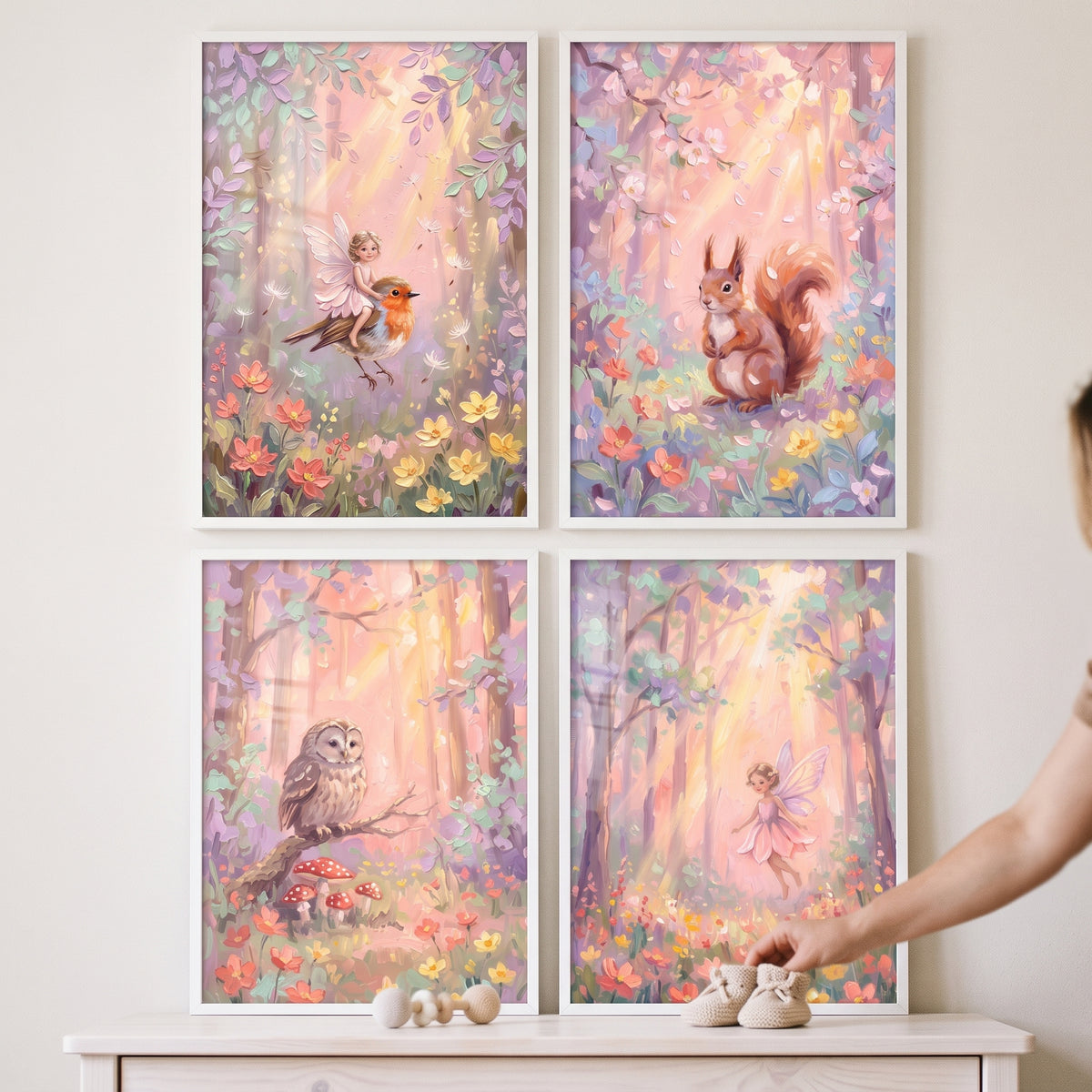 Whimsical sunlit woodland wall art set of 4 with fairies, a squirrel, a bird, and an owl in soft pastel colors.