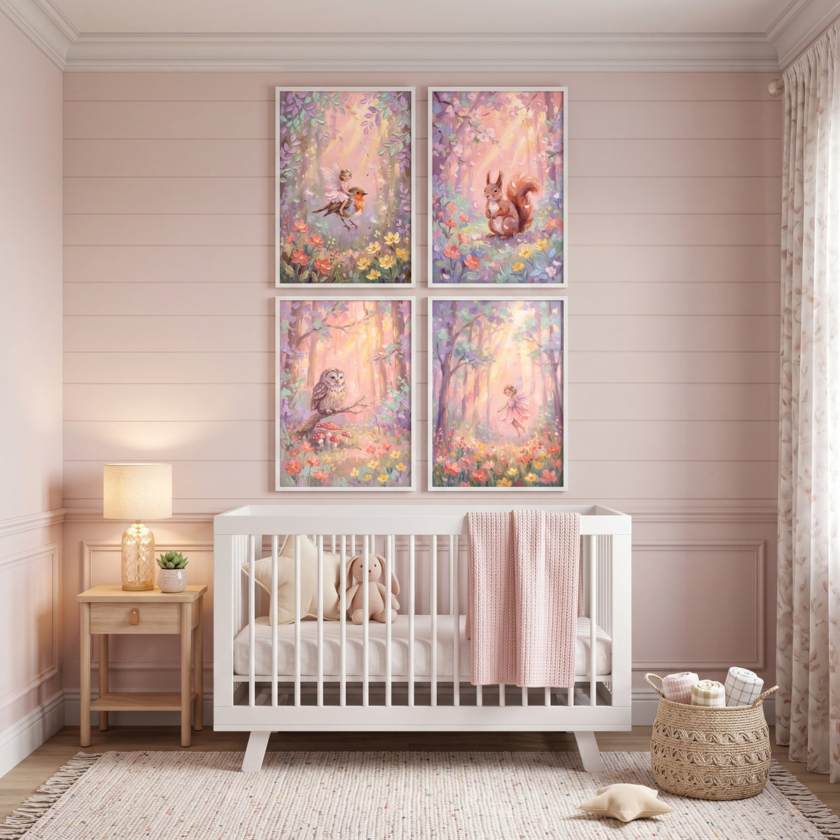 Whimsical Sunlit Woodland Wall Art Set of 4 - Enchanted Meadow Dreams
