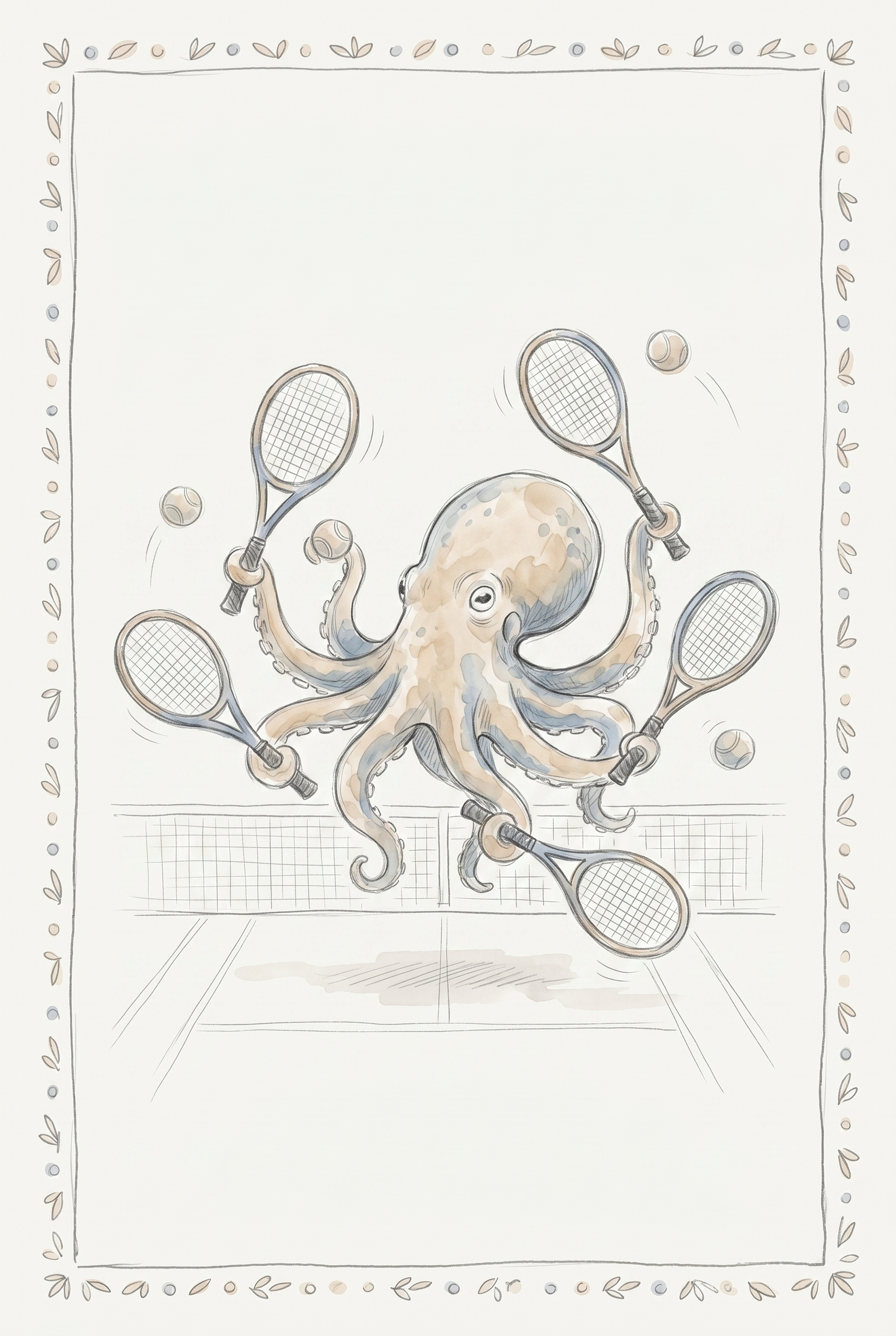 Whimsical Tennis Octopus Artwork - Eight Armed Ace