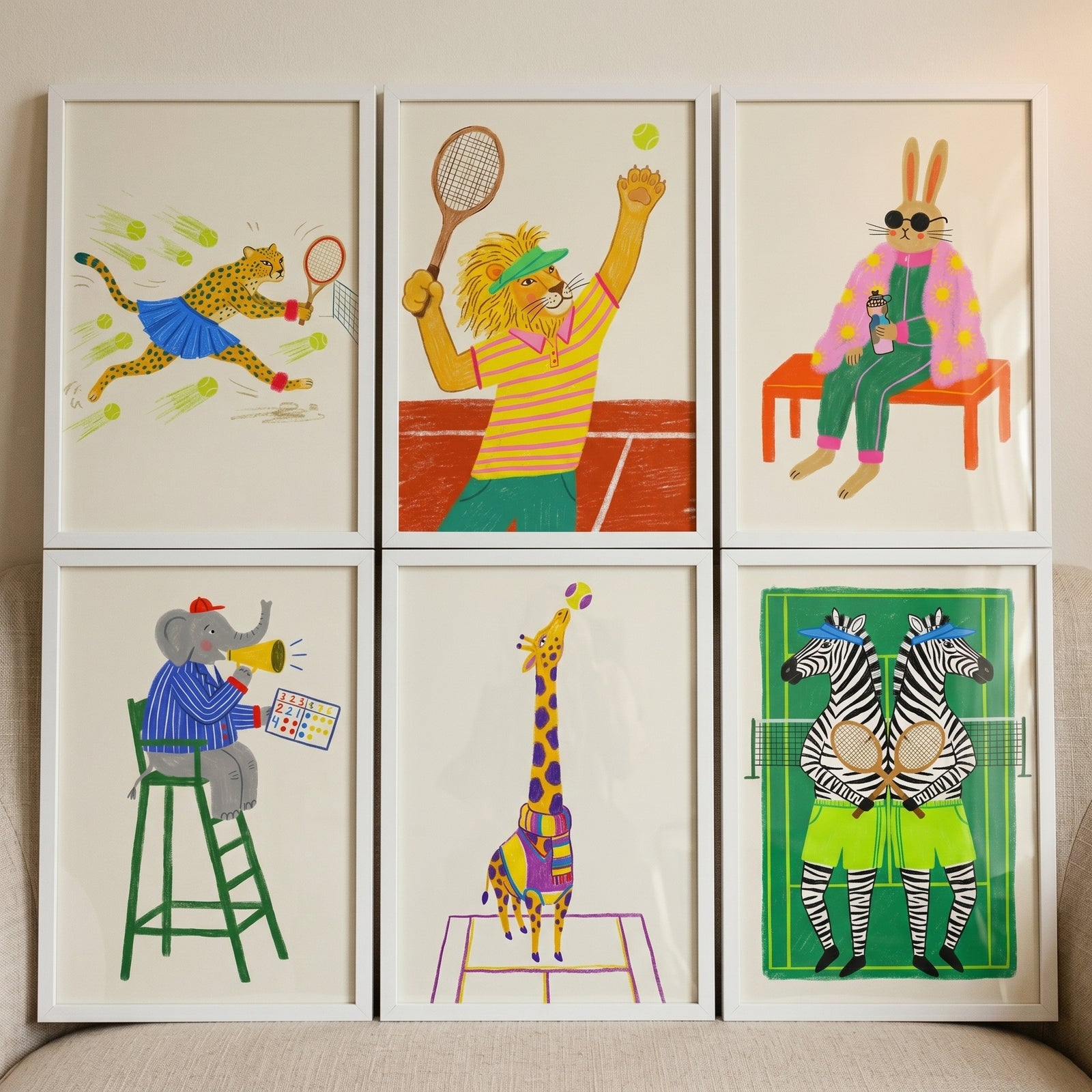 Whimsical tennis safari animal wall art set of 6 with cheetah, lion, rabbit, elephant, giraffe, and zebra illustrations.