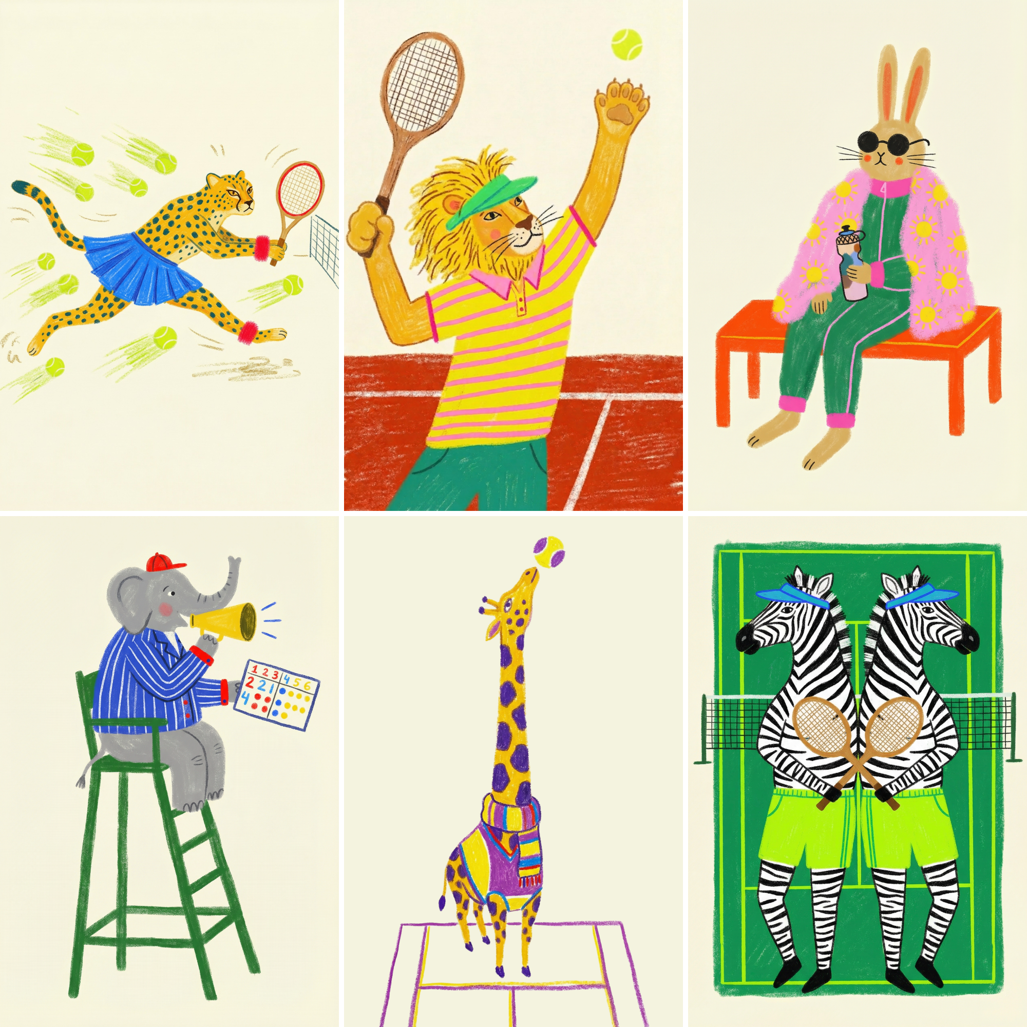 Whimsical Tennis Safari Animal Wall Art Set of 6 - Savanna Tennis Club