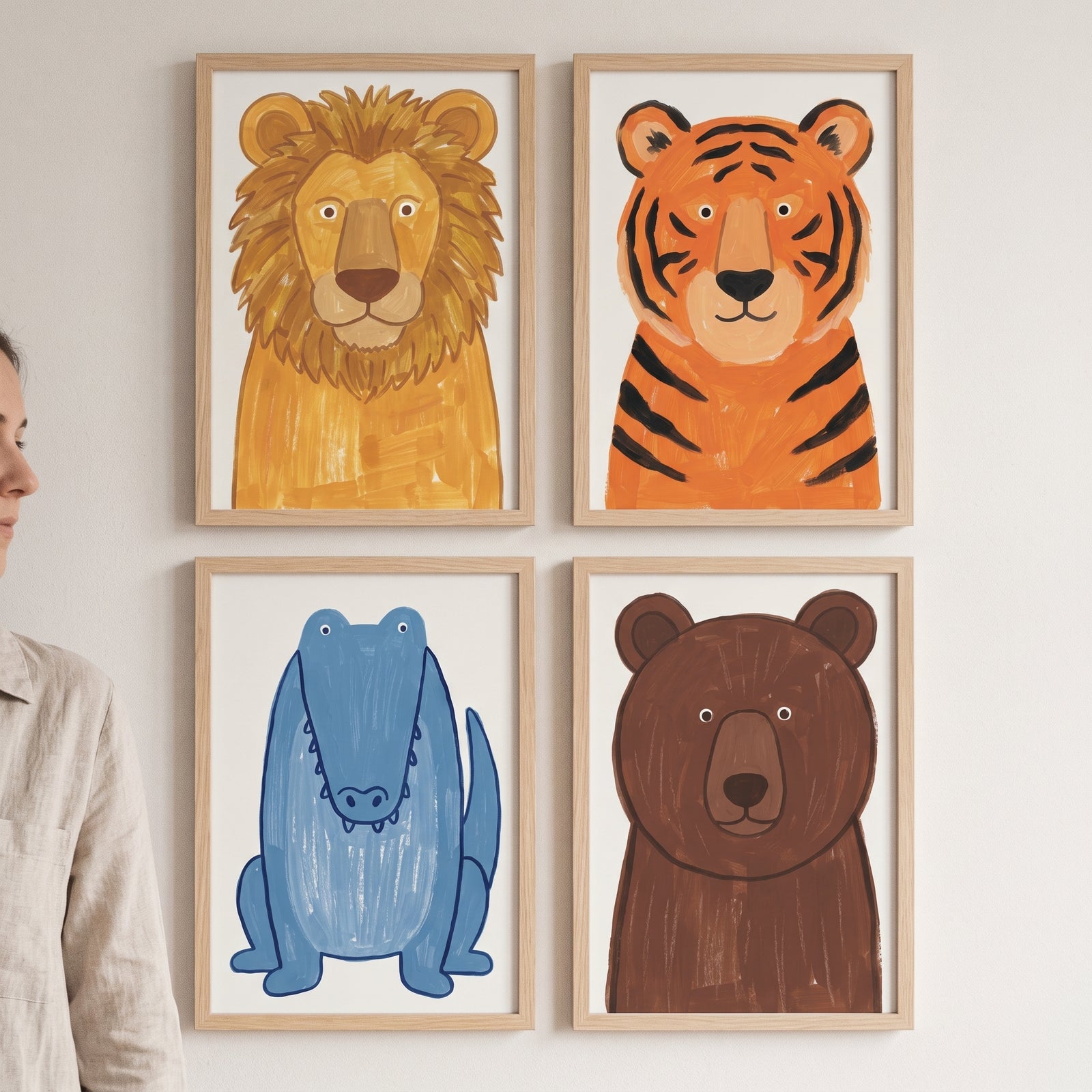 Whimsical textured safari animals wall art set of 4 featuring a lion, tiger, blue crocodile, and brown bear in wood frames.
