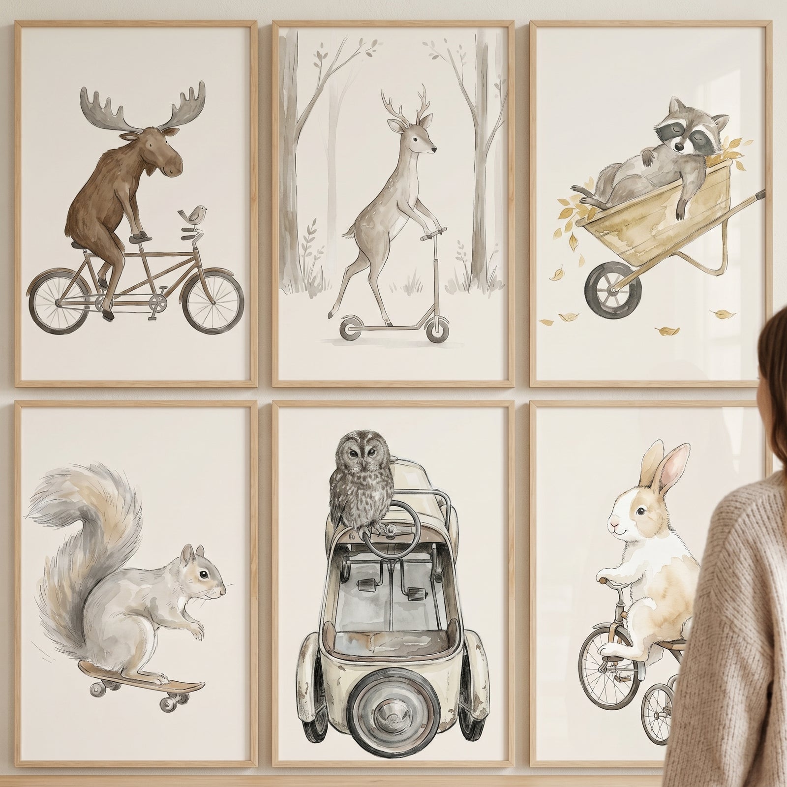 Whimsical traveling woodland animals print set of 6 featuring a moose, deer, raccoon, squirrel, owl, and rabbit.